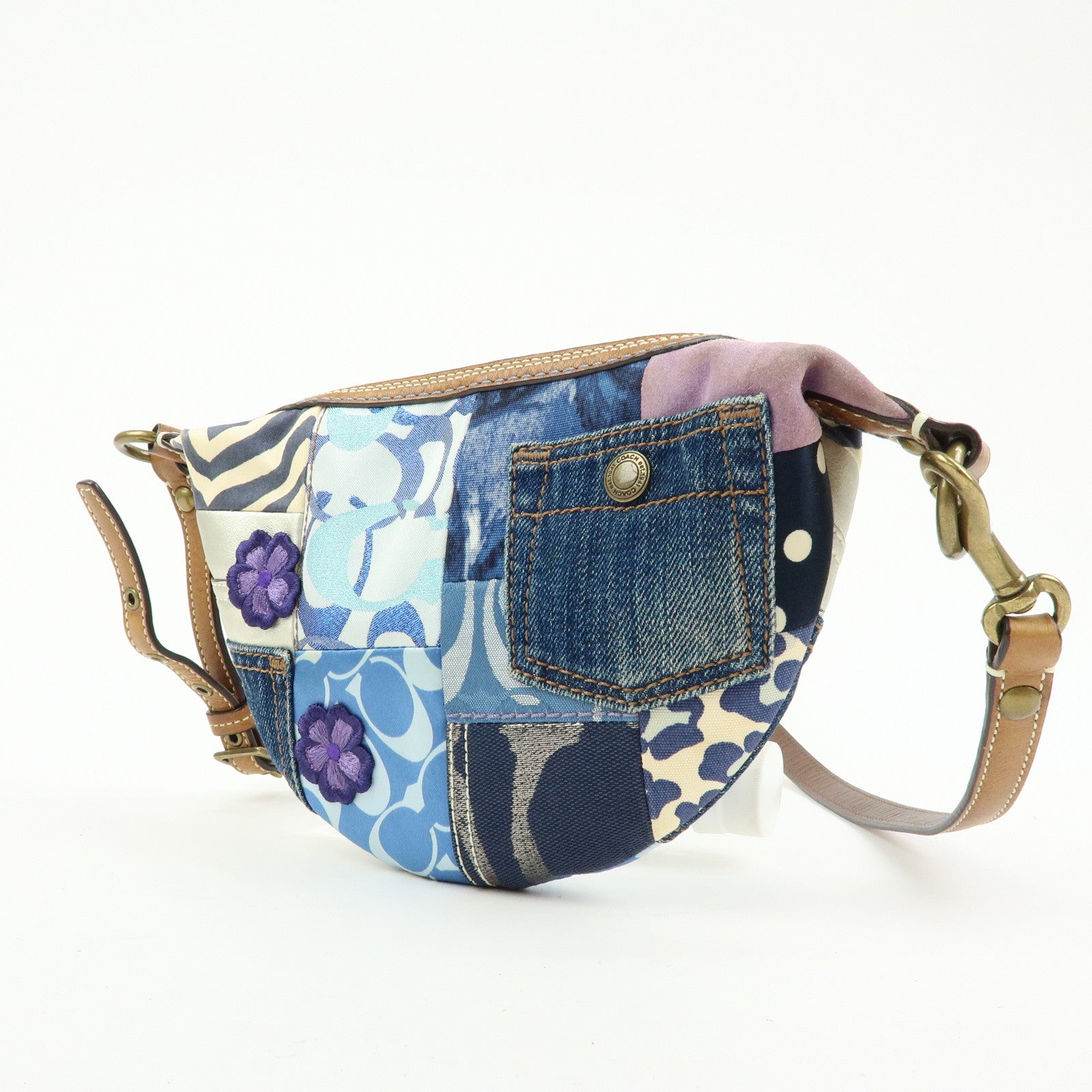 COACH Sigunature Canvas Silk Leather Patchwork Shoulder Bag Blue Brown