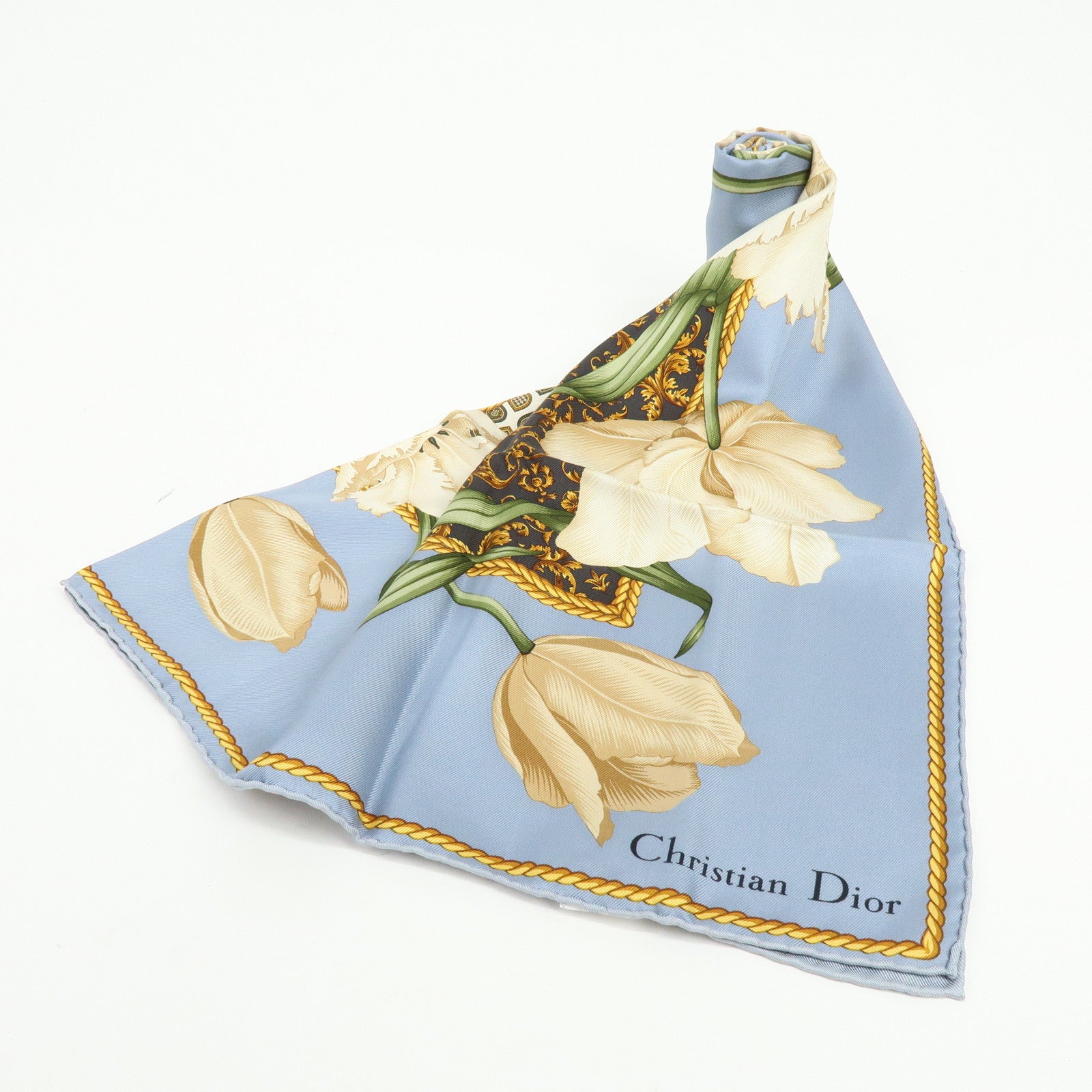 Christian Dior Silk 100% Scarf Tulips Geometric Pattern Blue Brown