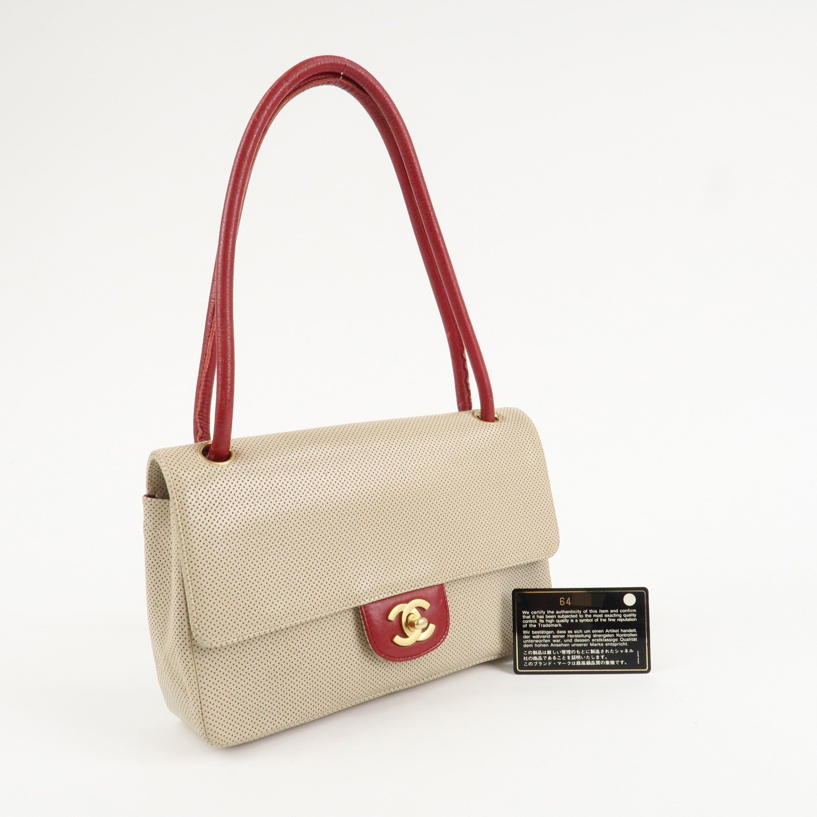 CHANEL COCO Mark Punching Leather Shoulder Bag Hand Bag Beige Red Used