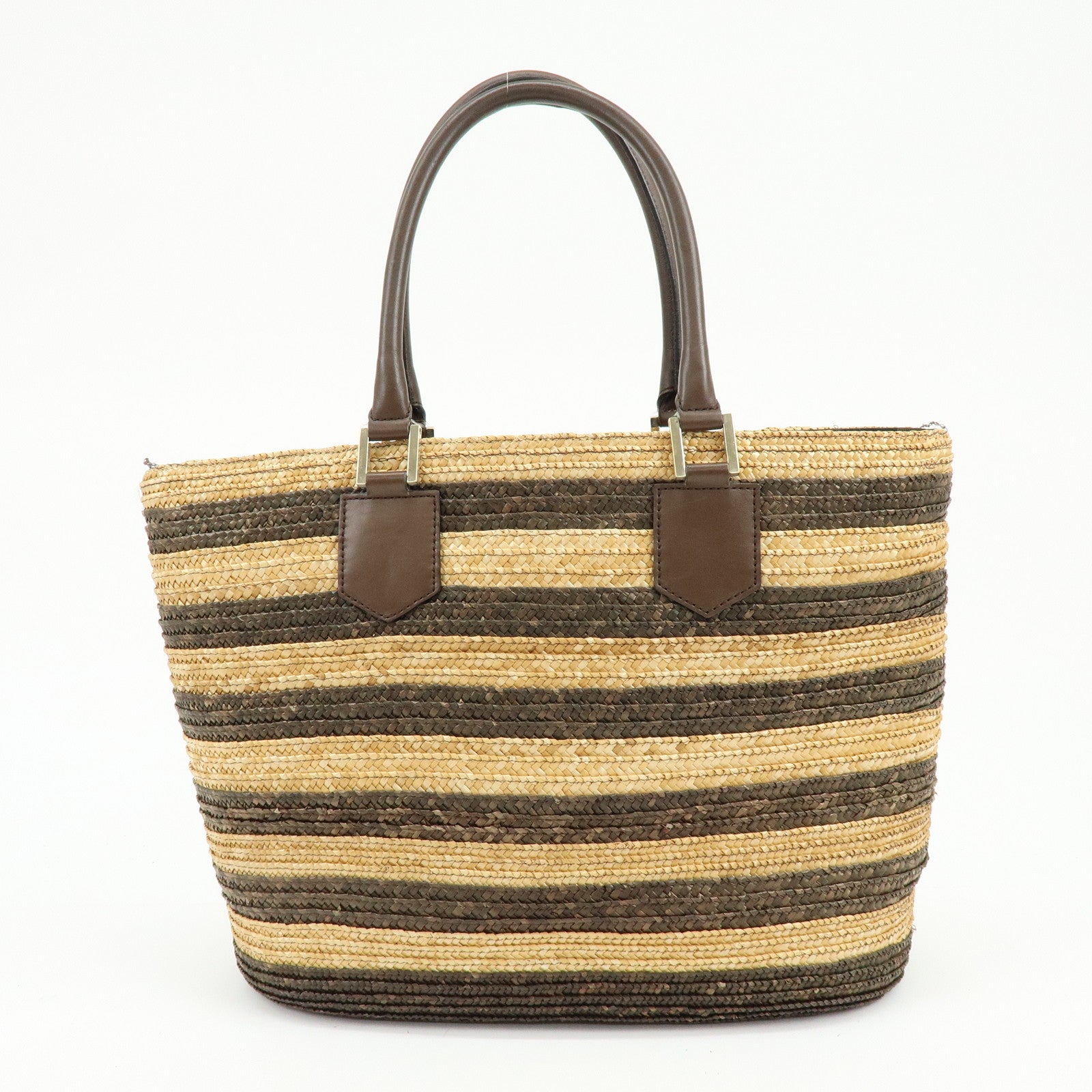 FENDI Pequin Raffia Leather Tote Bag Shoulder Bag Brown Natural