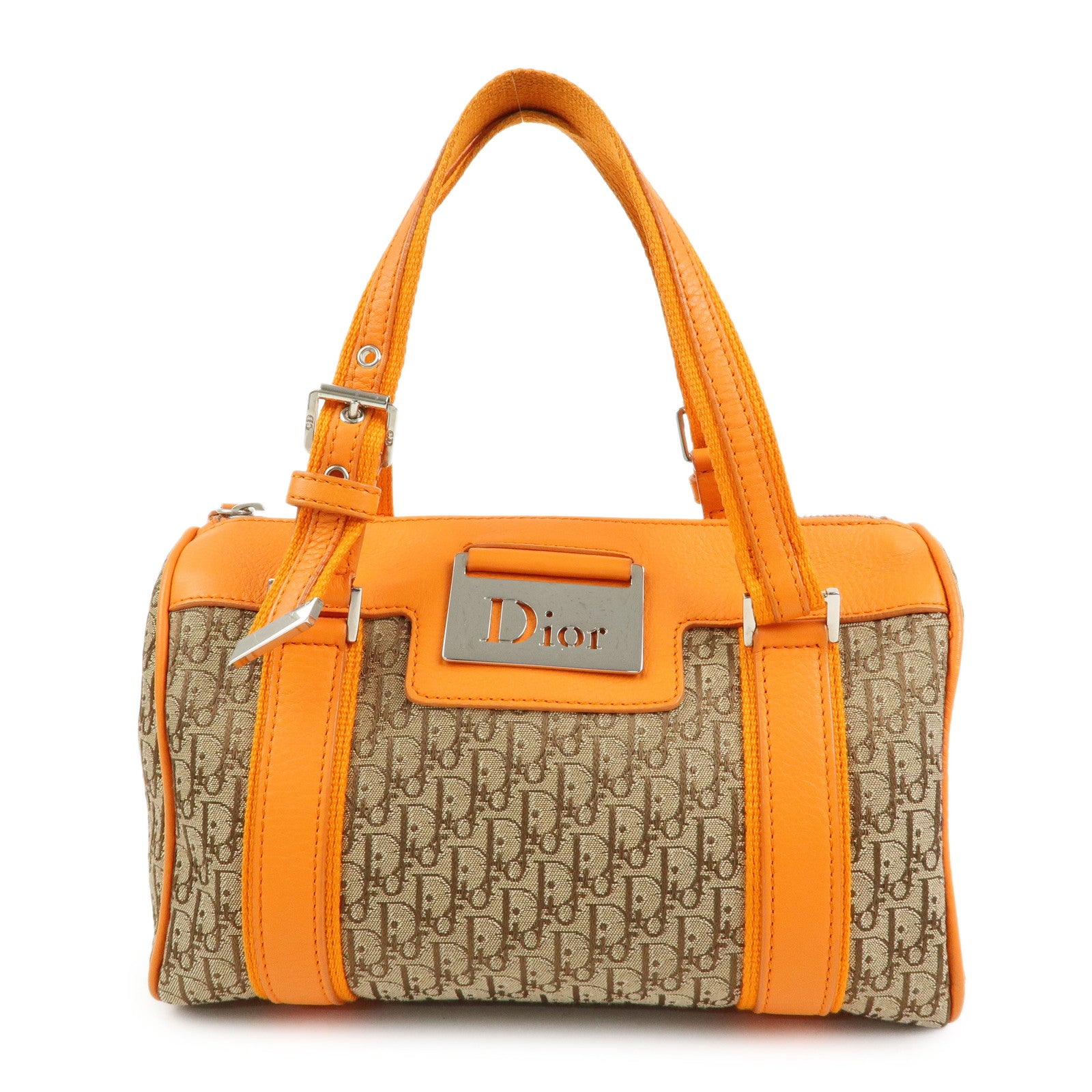 Christian Dior Trotter Jacquard Canvas Leather Hand Bag Beige Orange