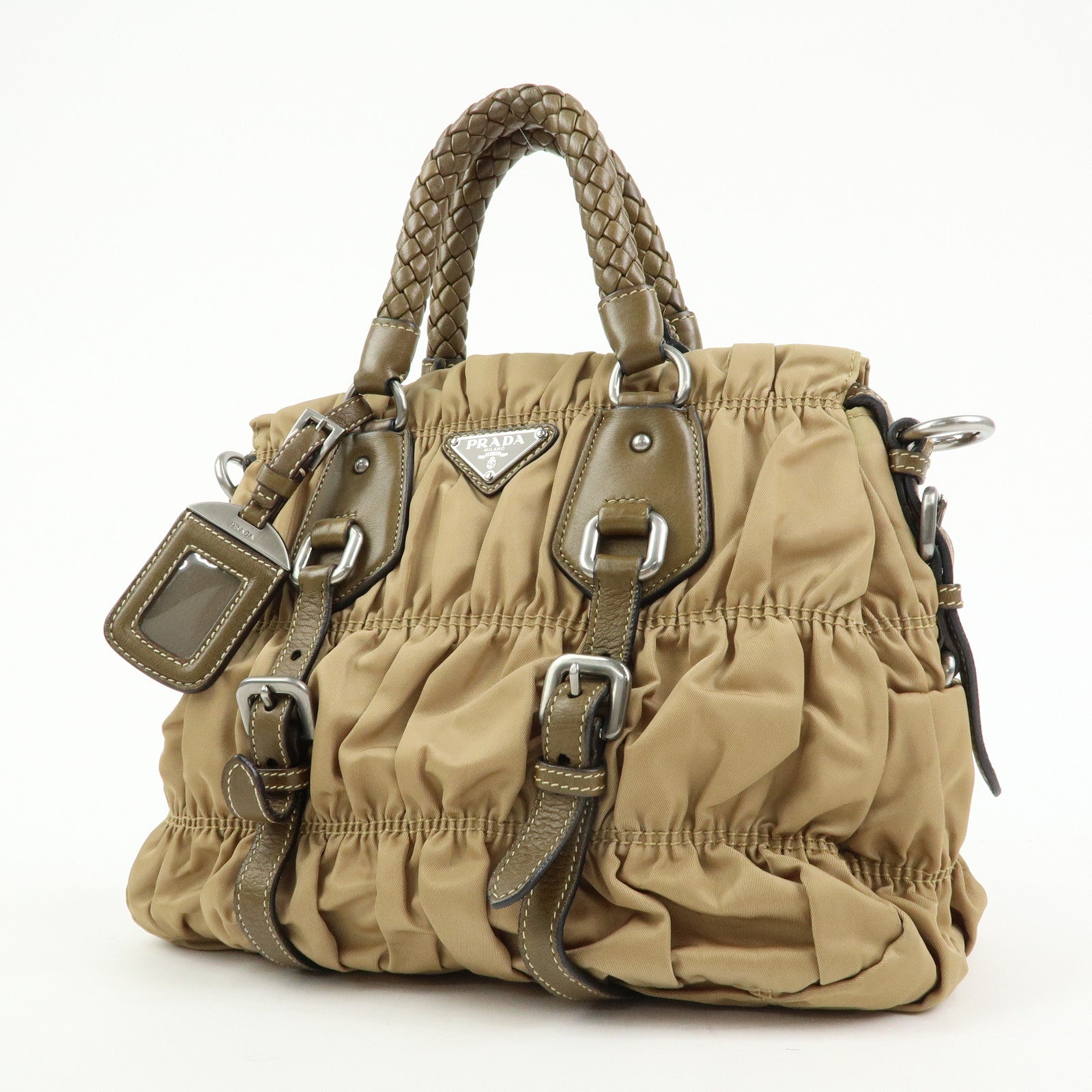 PRADA Triangle Logo Nylon Leather Tessuto Gaufre Hand Bag Brown