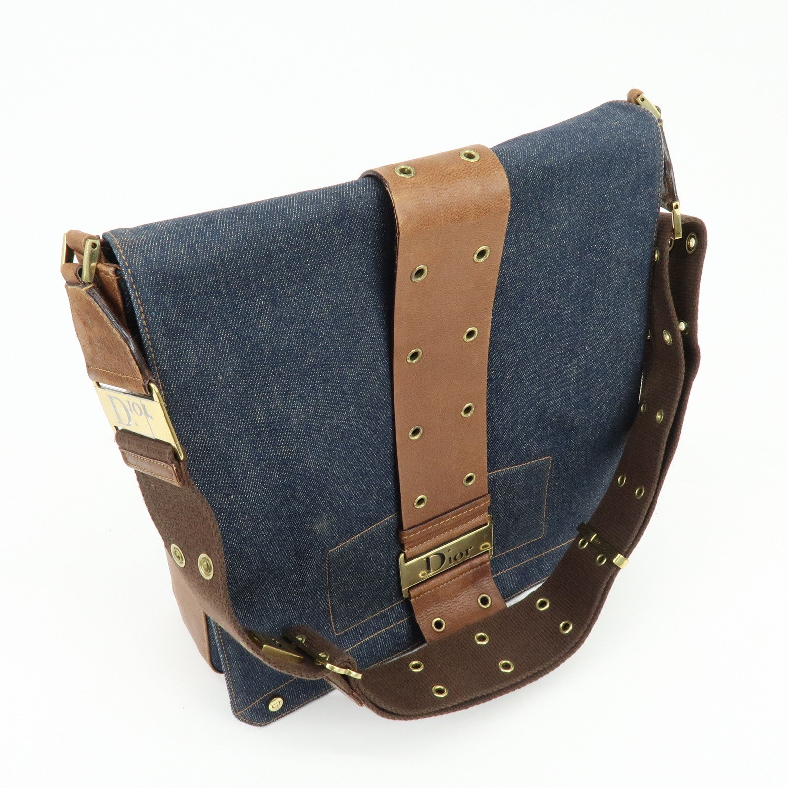 Christian Dior Street Chic Denim Leather Shoulder Bag Indigo Blue Brown