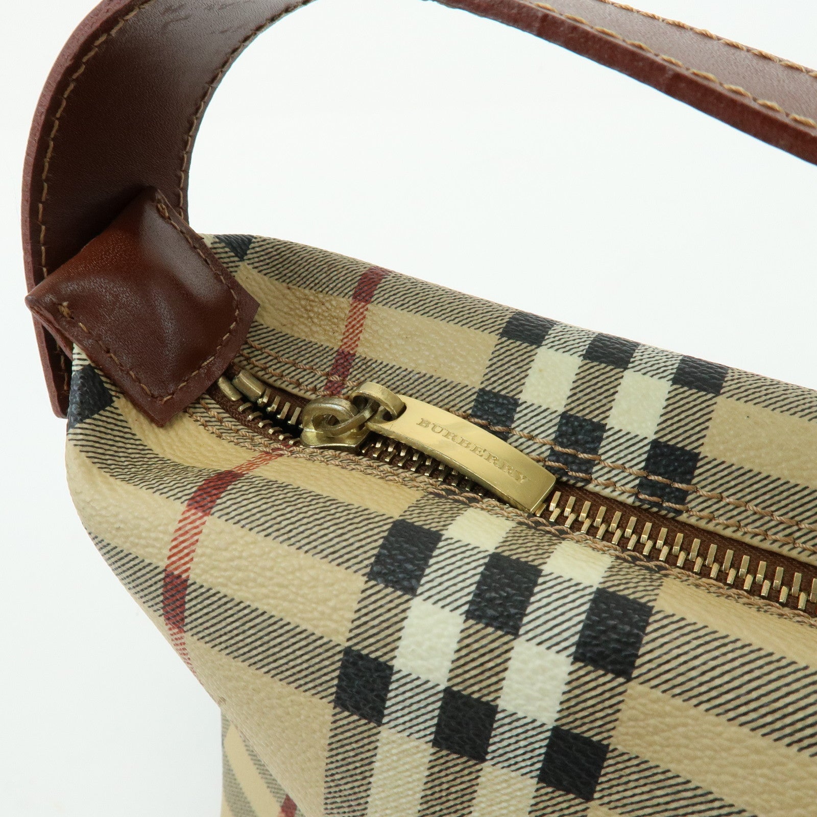 BURBERRY Nova Plaid PVC Leather Hand Bag Pouch Beige