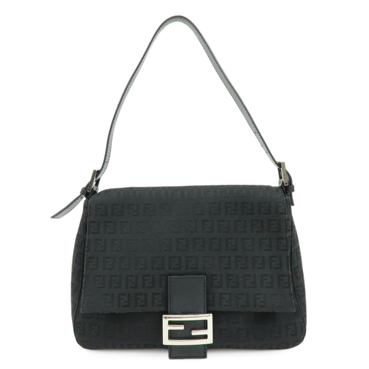 FENDI Zucchino Mamma Baguette Canvas Leather Shoulder Bag Black 8BR001