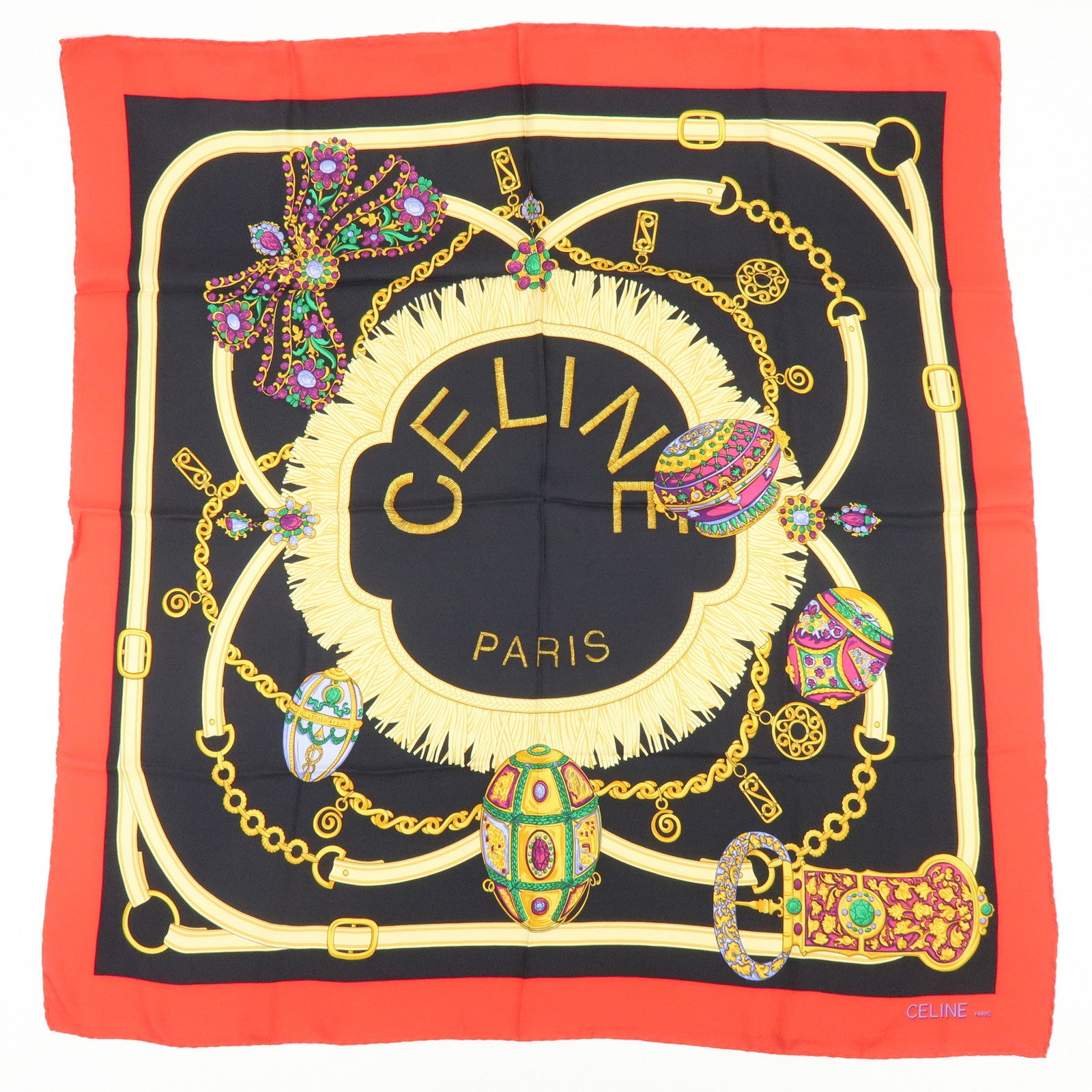 CELINE Lot of 3 Silk 100% Scarf Black Red Navy Gold Green