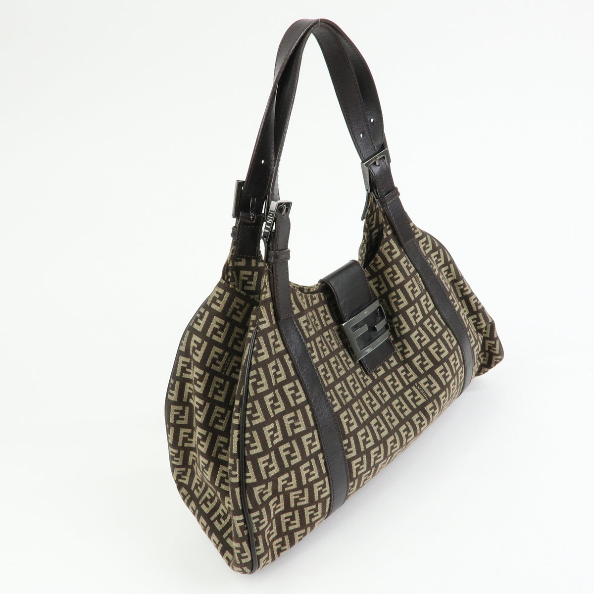 FENDI Zucchino Canvas Leather Shoulder Bag Hand Bag Beige Brown 8BR463
