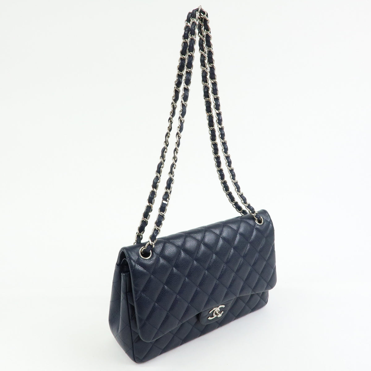 CHANEL Matelasse 30 Caviarskin W Flap Chain Shoulder Bag Navy A58600