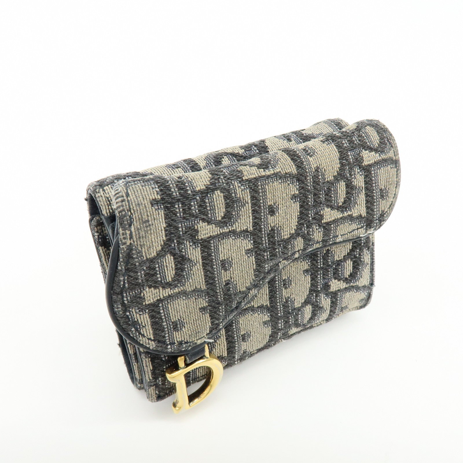 Christian Dior Saddle Oblique Jaquard Leather Tri-fold Wallet Navy