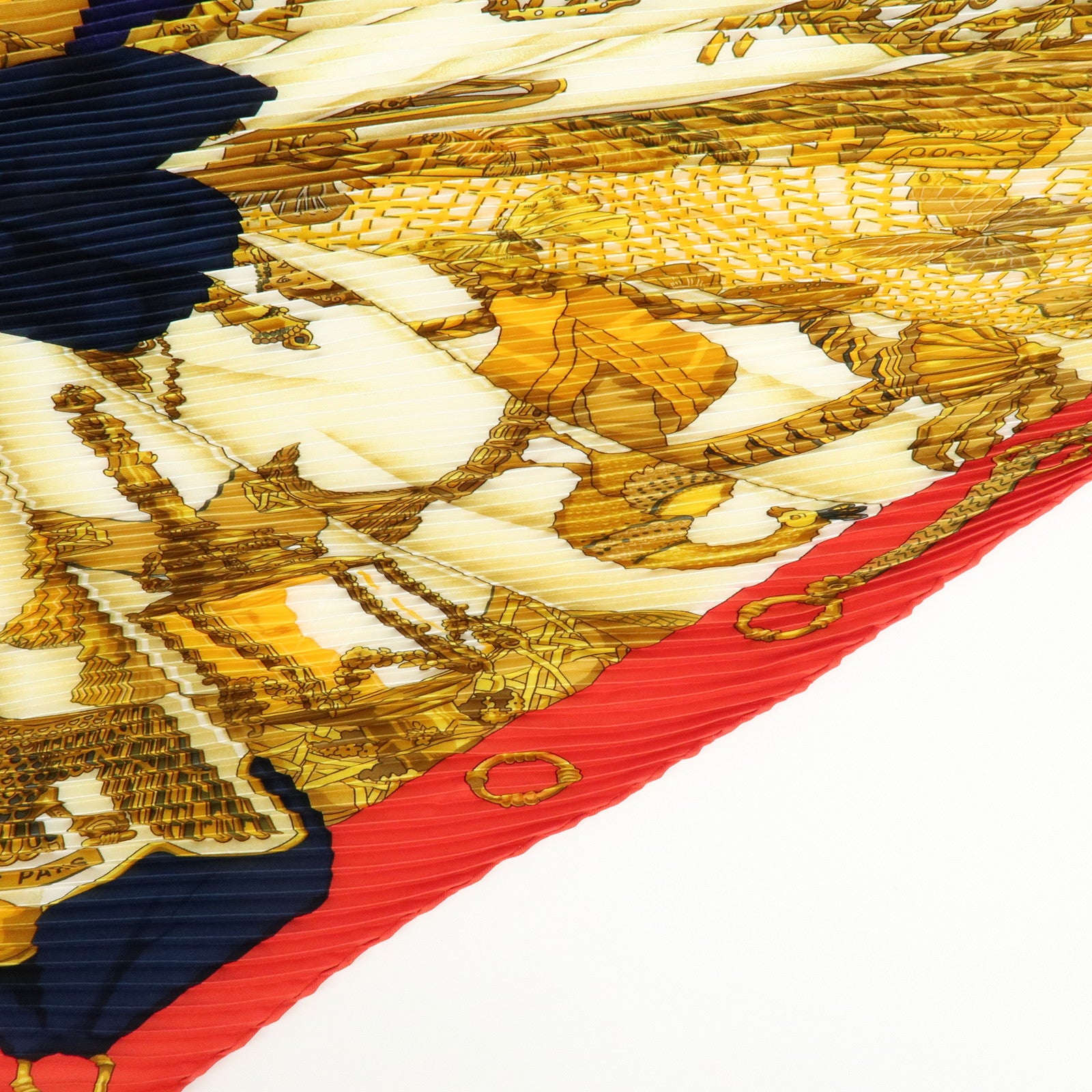 HERMES Pleated Carre Silk 100% Scarf SOLEIL DE SOIE Gold Red Navy