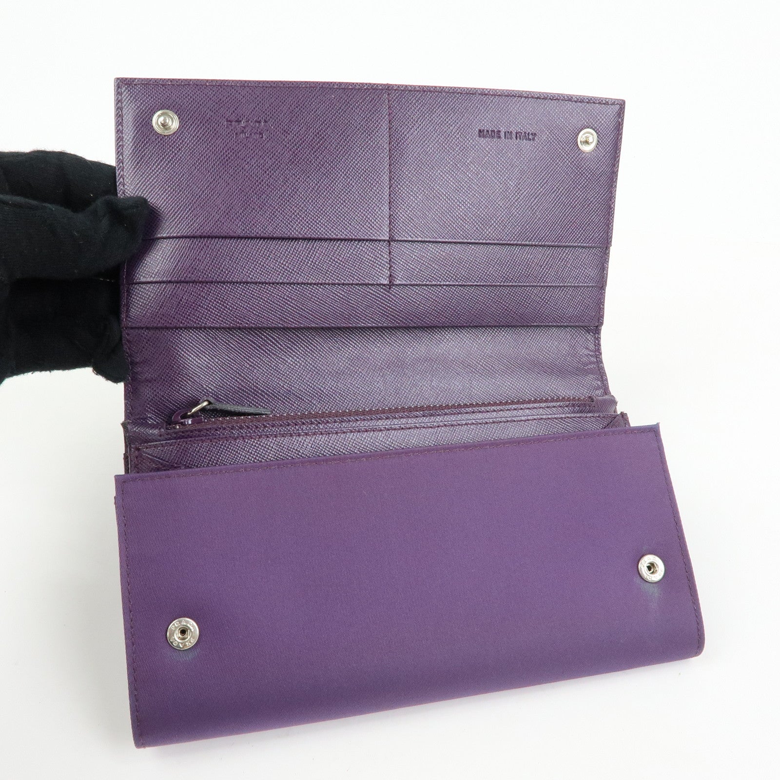 PRADA Triangle Logo Nylon Saffiano Leather Long Wallet Purple M608