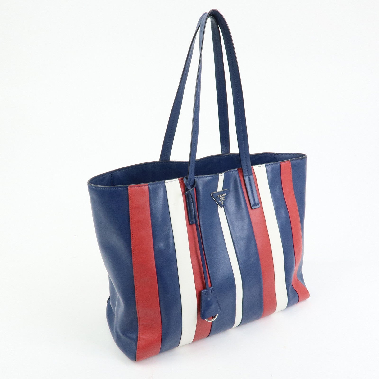 PRADA Triangle Logo Leather Tote Bag Shoulder Bag Blue White Red
