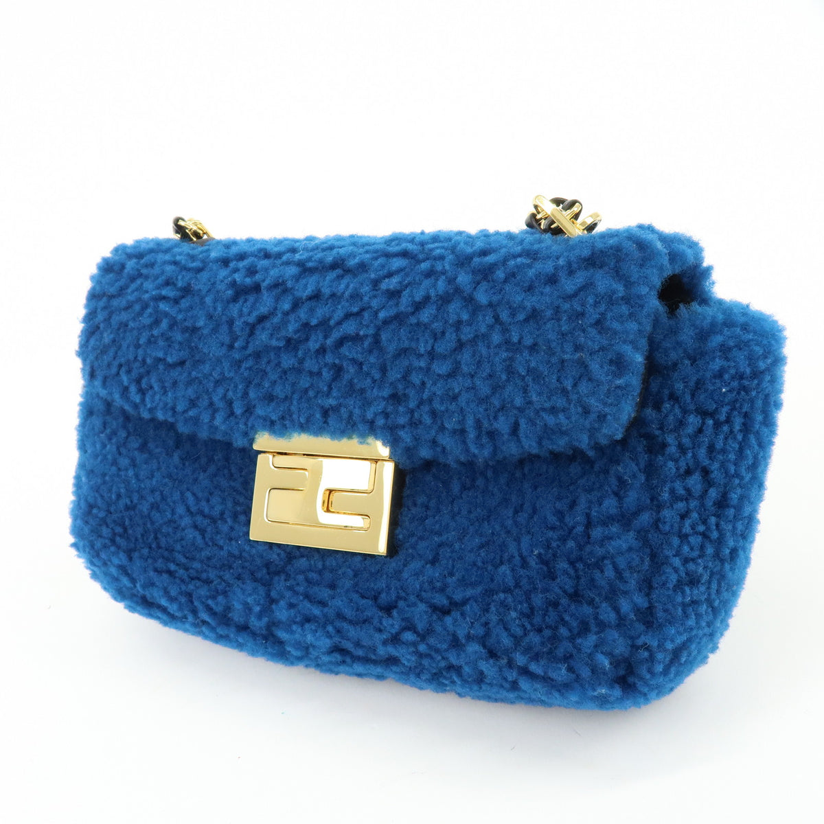 FENDI Mini Be Baguette Mouton Leather Shoulder Bag Blue 8M0315