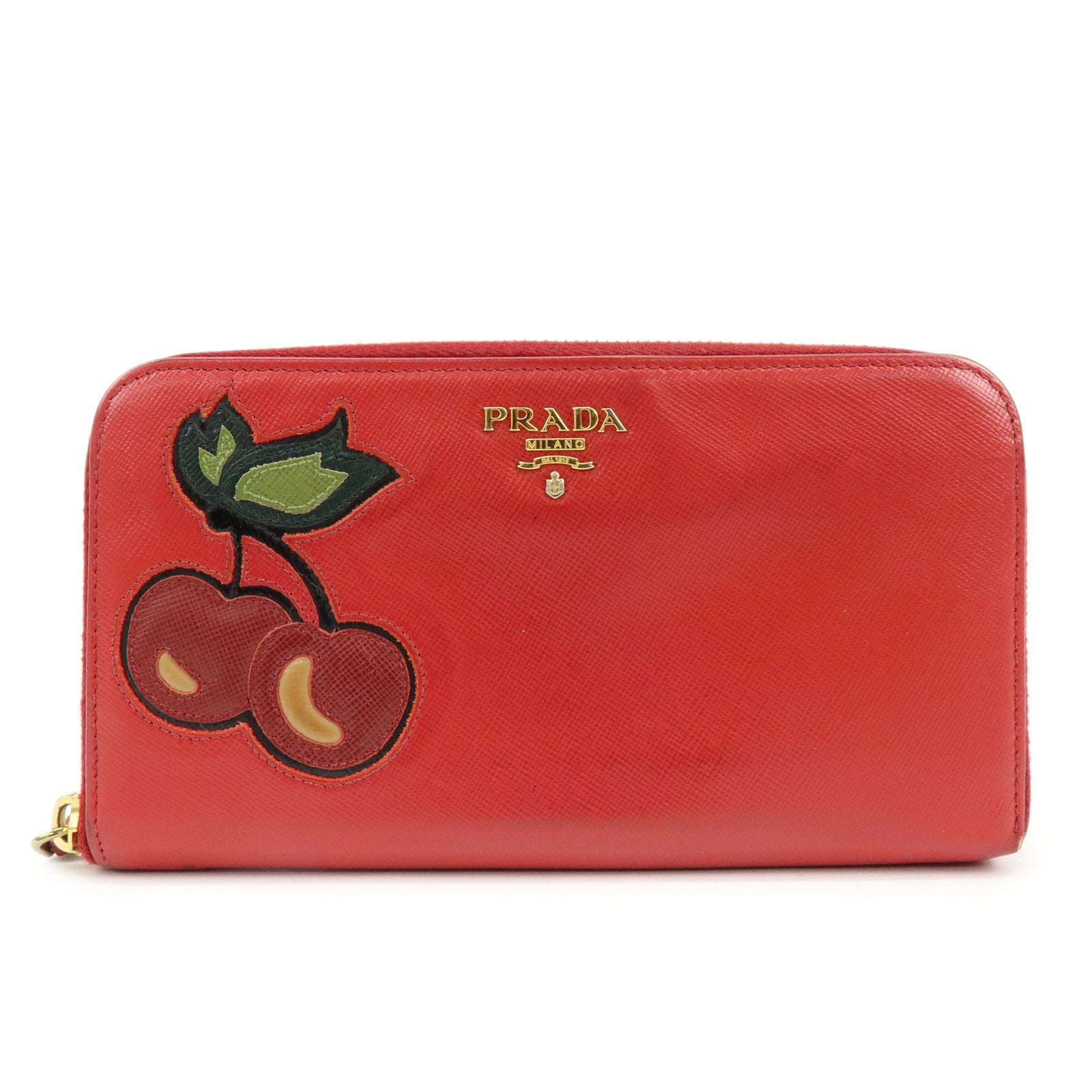 PRADA Saffiano Leather Cherry Round Zippy Long Wallet Red