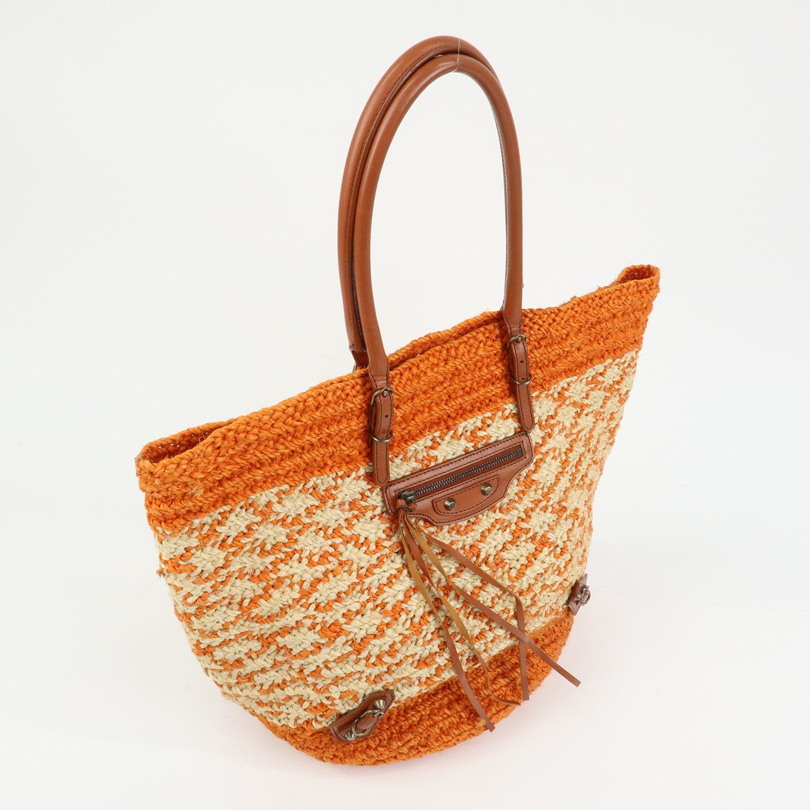 BALENCIAGA Motocross Classic Panier Raffia Leather Tote Bag 286370