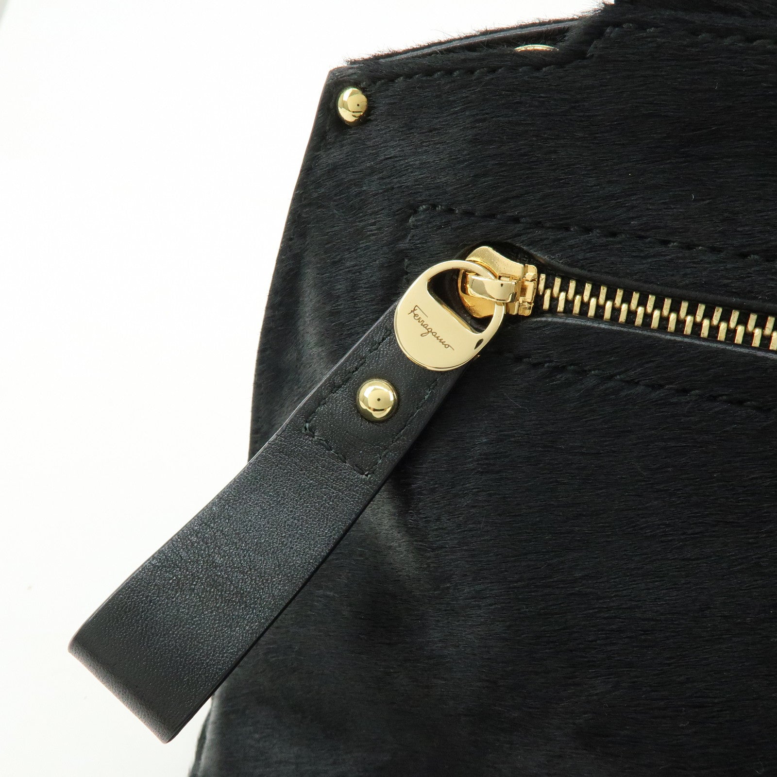 Ferragamo Gancini Unborn Calf Leather 2Way Bag Top Handle Bag Black