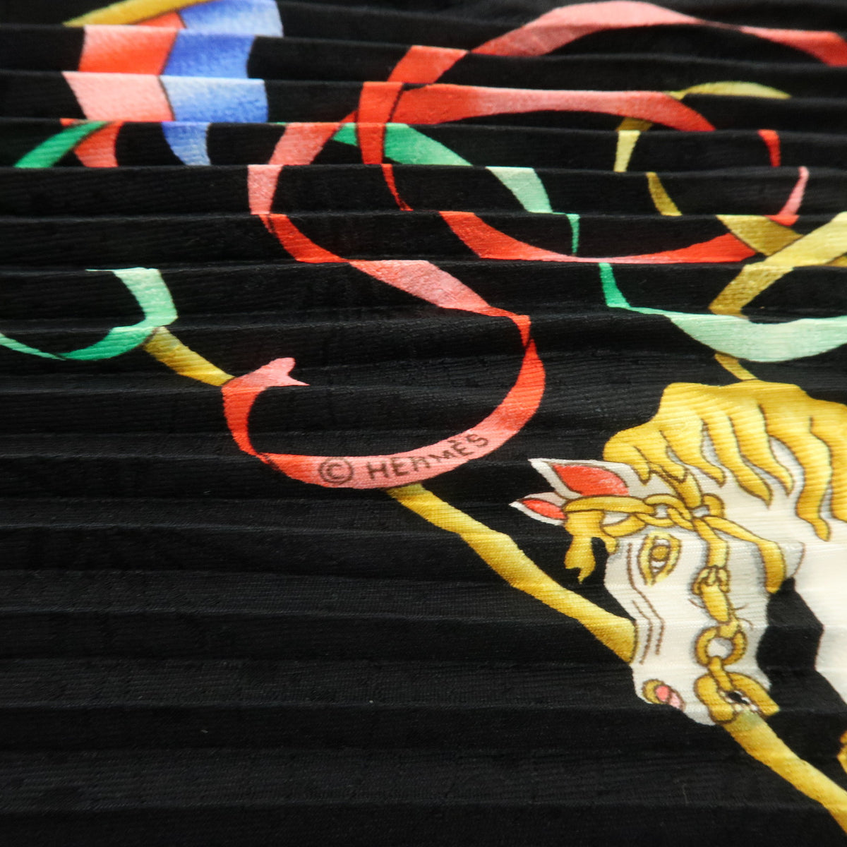 HERMES Pleated Carre 90 Silk 100% Luna Park Black Multicolor