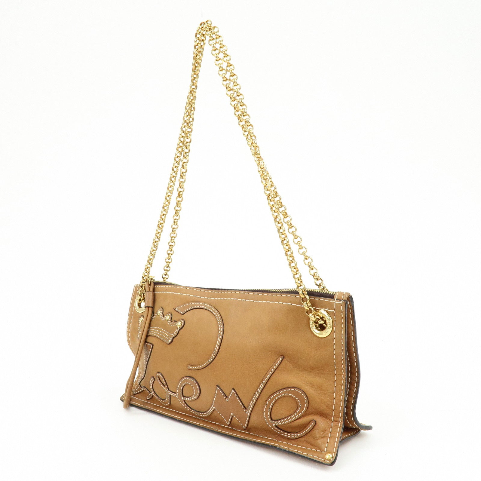 LOEWE Leather Crown Motif Chain Shoulder Bag Crossbody Bag Brown
