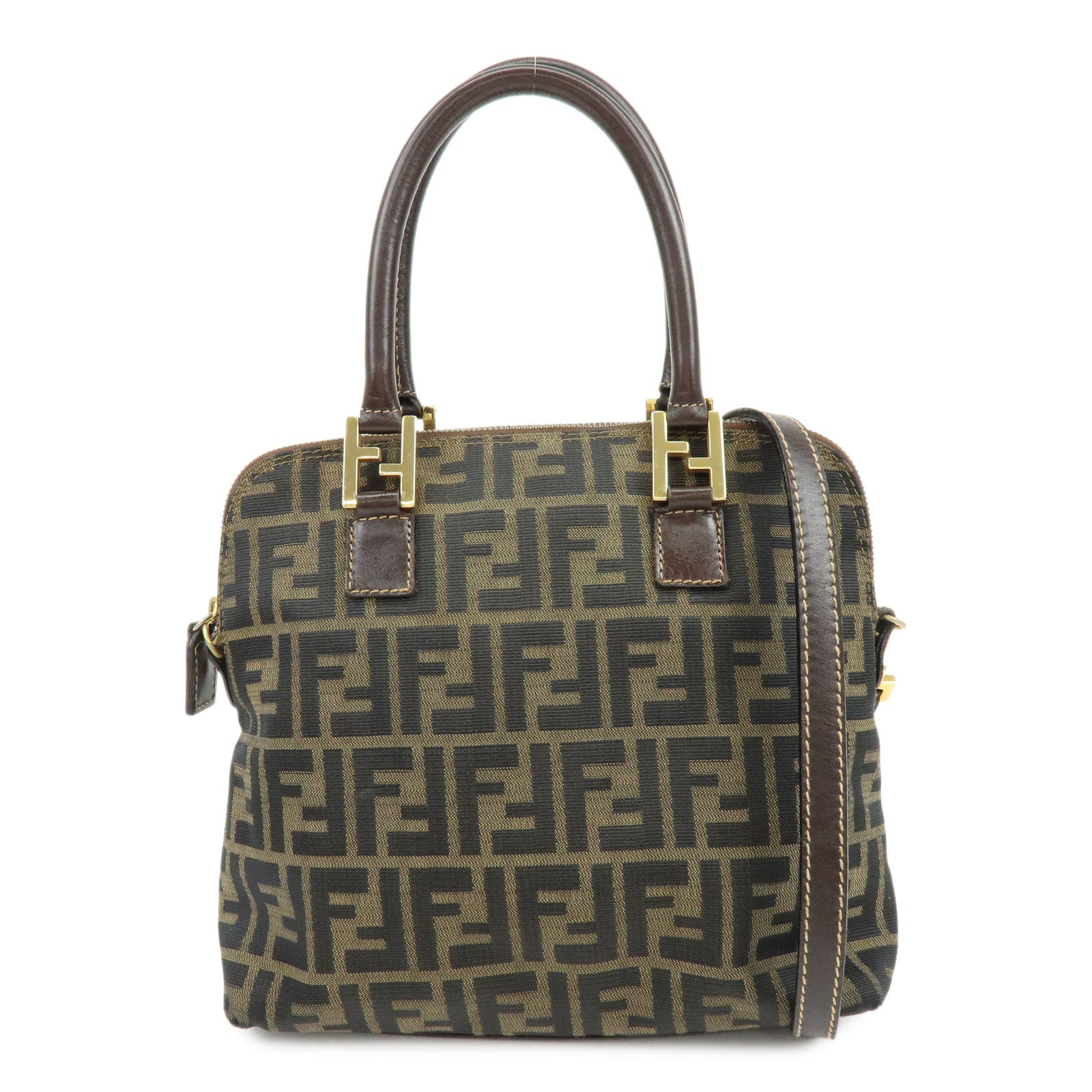FENDI Zucca Canvas Leather 2Way Bag Hand Bag Shoulder Bag Brown Black