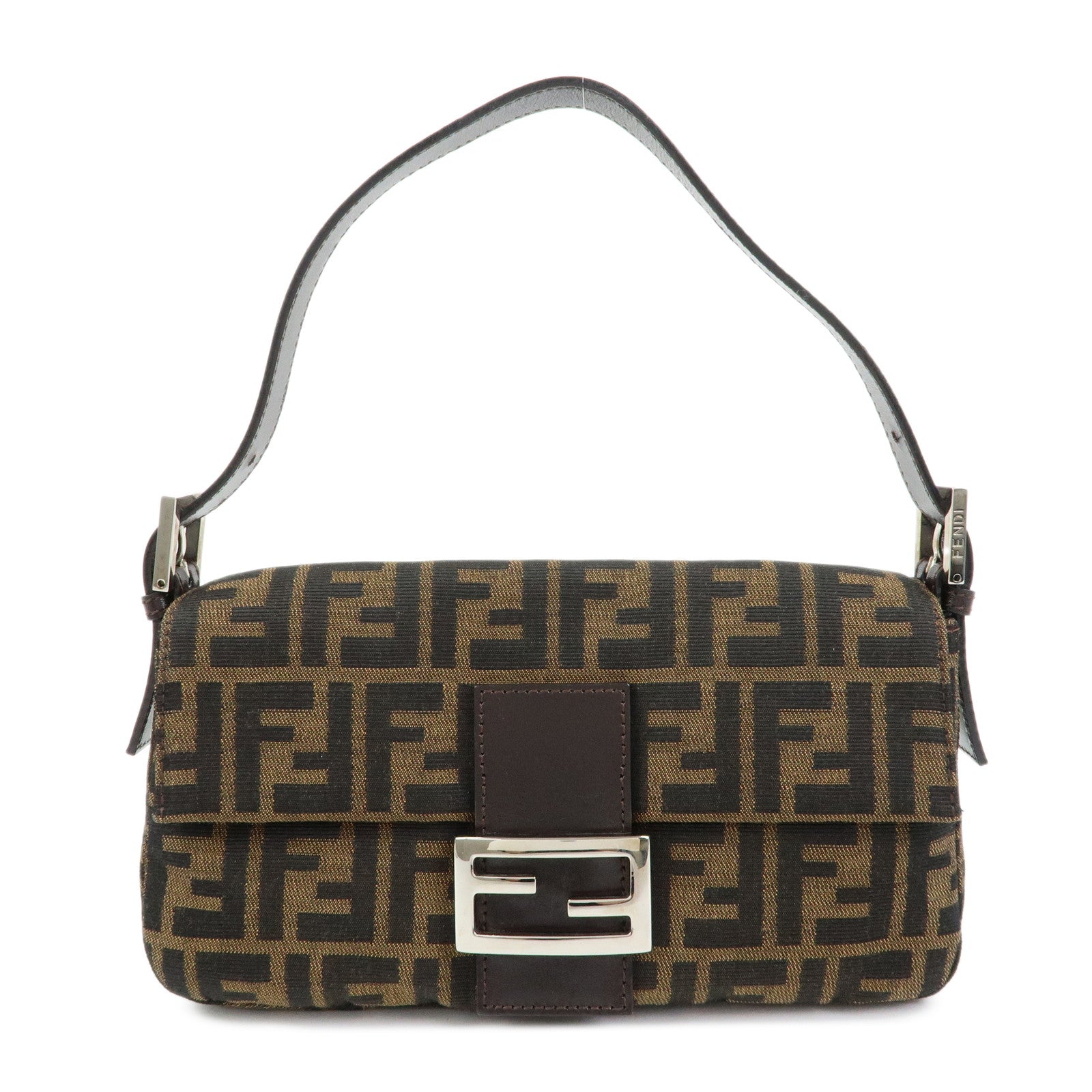 FENDI Mamma Baguette Zucca Canvas Leather Shoulder Bag Brown 26424