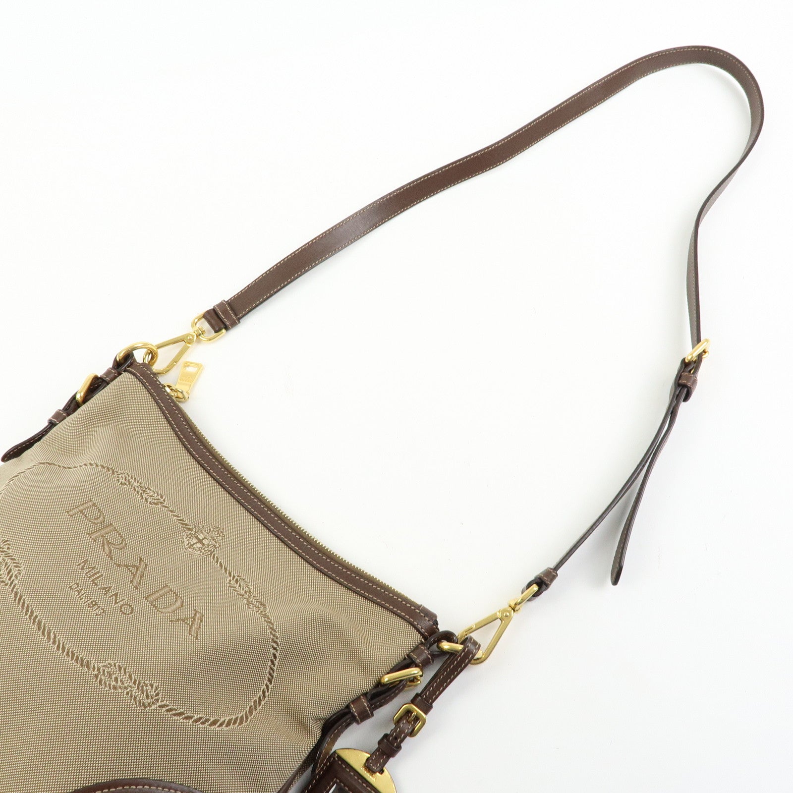 PRADA Jacquard Canvas Leather Shoulder Bag Crossbody Bag Beige Brown