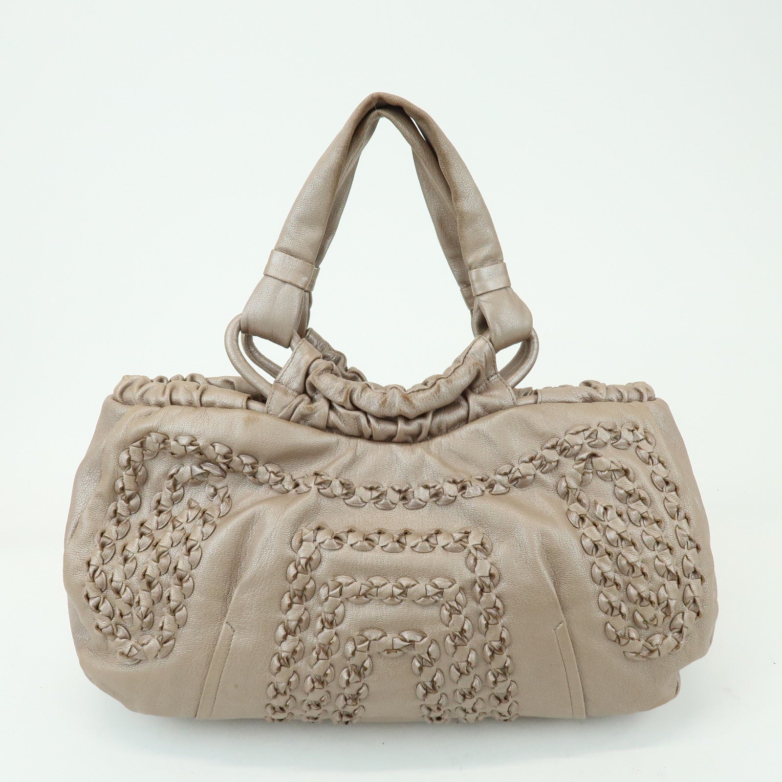 Ferragamo Gancini Leather Hand Bag Shoulder Bag Braid Pink Beige