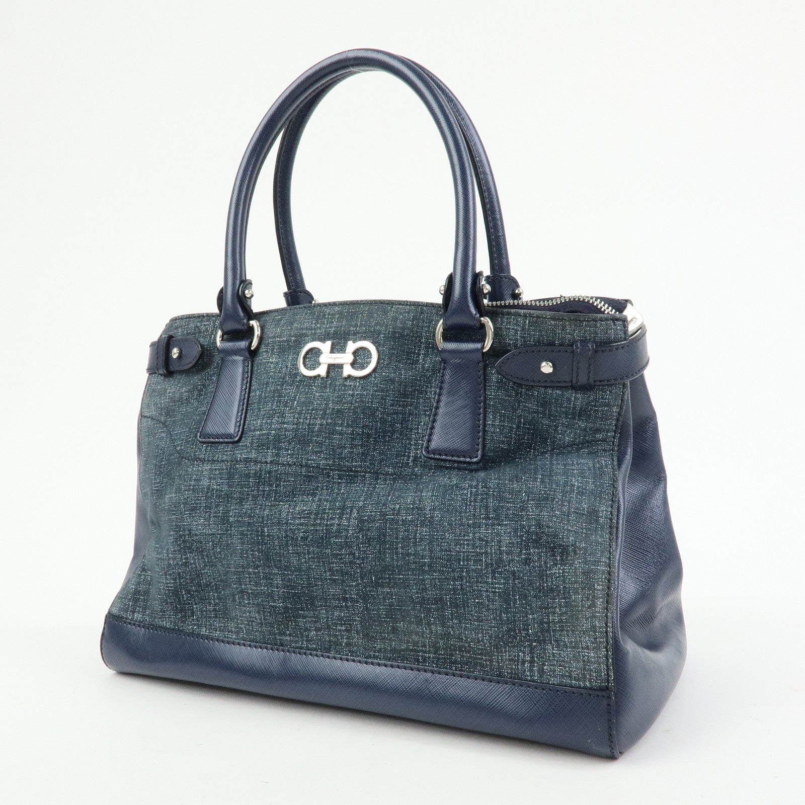 Ferragamo Gancini Canvas Leather 2Way Bag Hand Bag Navy