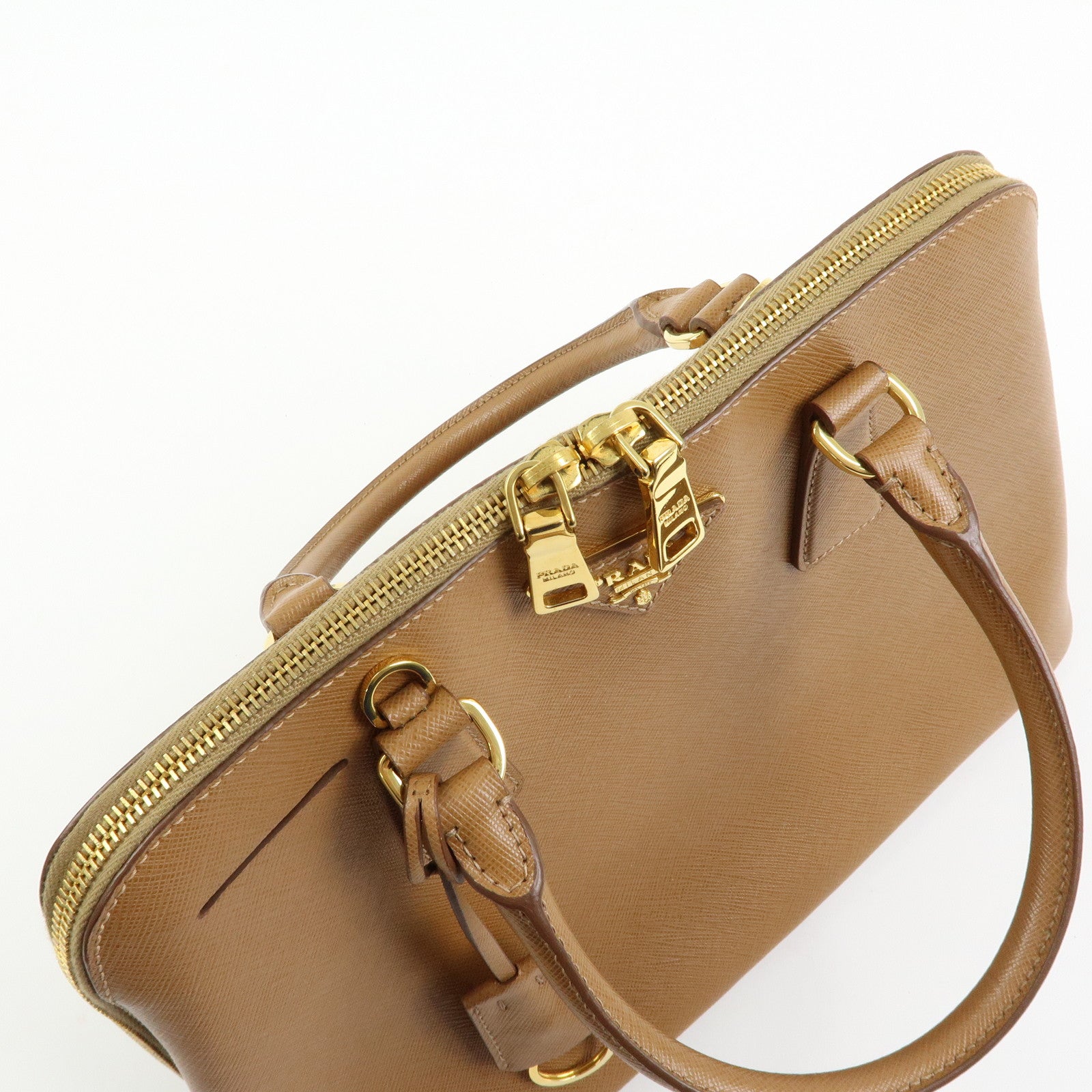 PRADA Triangle Logo Saffiano Leather Hand Bag Camel BL0837