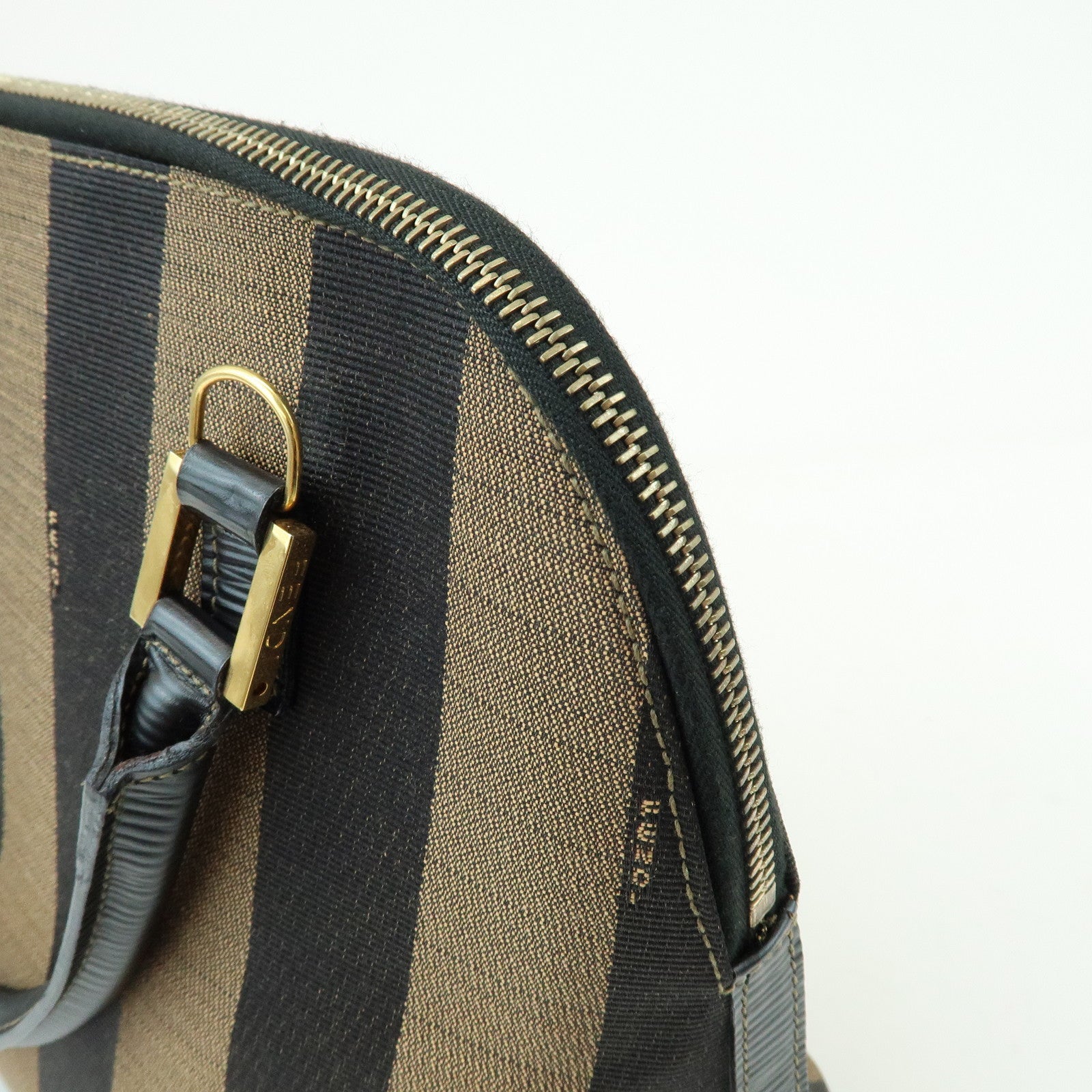 FENDI Pequin Canvas Embossed Leather 2Way Bag Hand Bag Brown