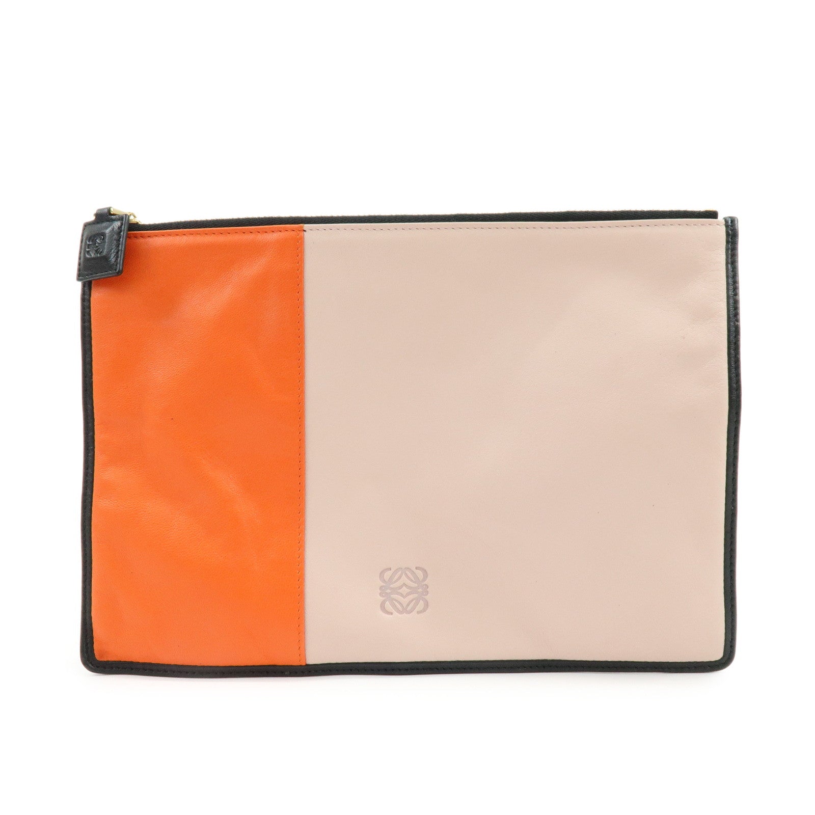 LOEWE Anagram Nappa Leather Clutch Bag Flat Pouch Pink Orange