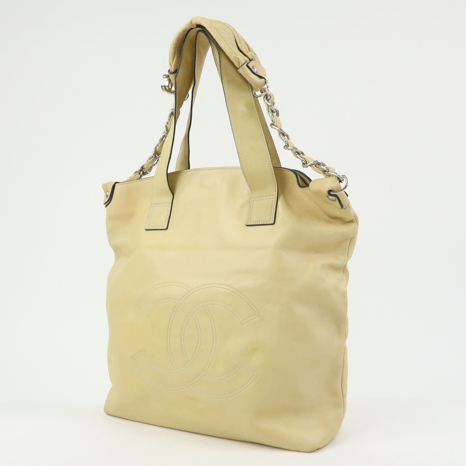 CHANEL COCO Mark Calf Leather 2Way Bag Hand Bag Shoulder Bag Beige