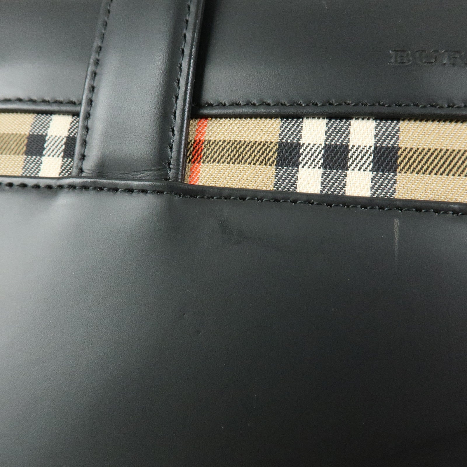 BURBERRY Nova Plaid Leather Canvas Tote Bag Hand Bag Black
