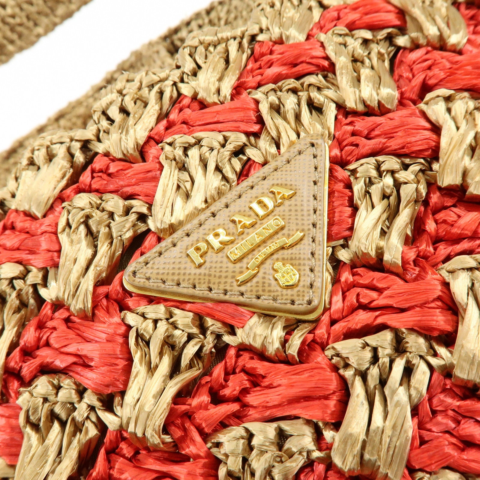 PRADA Canapa Large Triangle Logo Raffia Tote Bag Natural Red BN2302