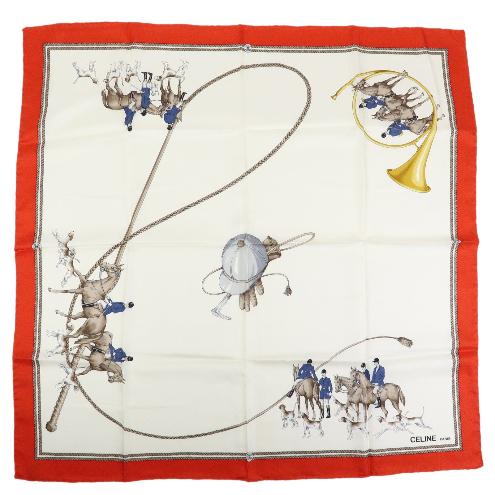 CELINE Silk 100% Scarf Hunting Hounds Horseback Riders Red White
