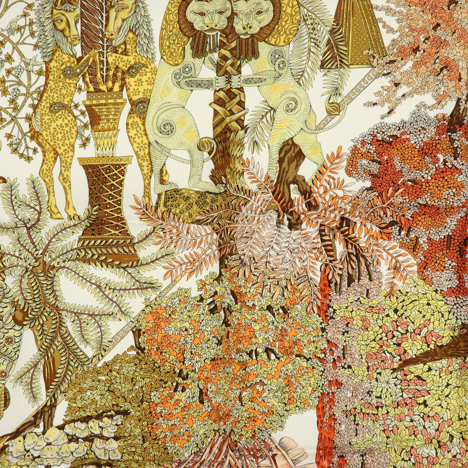 HERMES Carre 90 Silk 100% Scarf LES LEJENDES DE L'ARBRE Yellow Brown