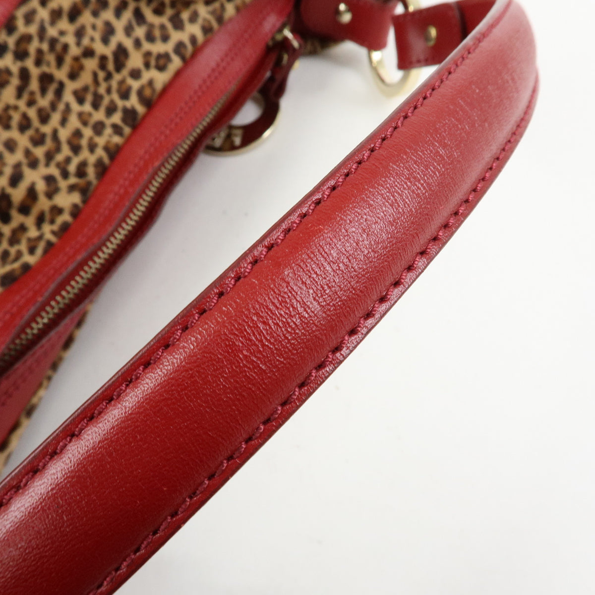 FENDI Pony Hair Leather Leopard Shoulder Bag Hand Bag Brown Red 8BR448