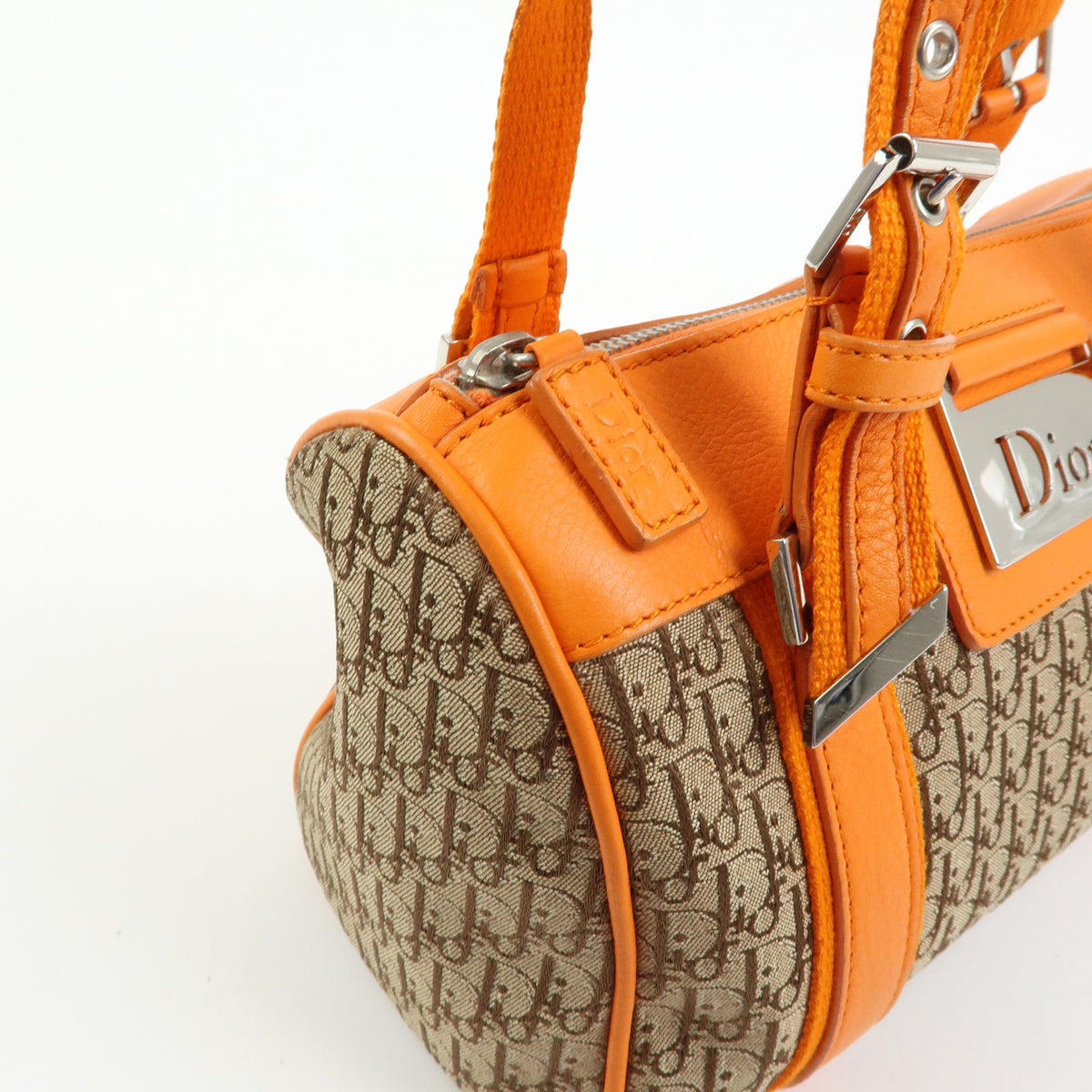 Christian Dior Trotter Jacquard Canvas Leather Hand Bag Beige Orange