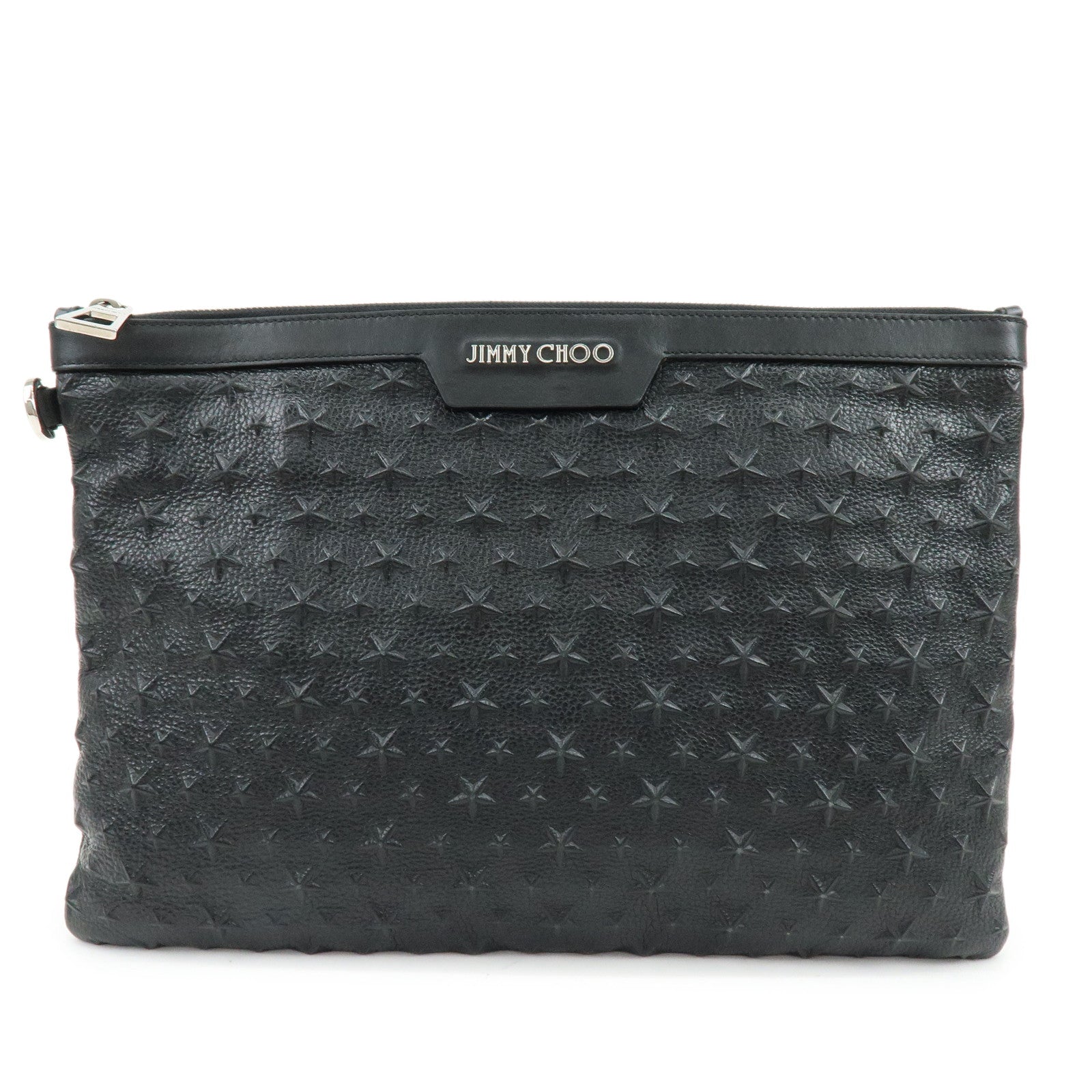JIMMY CHOO Leather Clutch Bag Pouch Star Embossed Studs Black