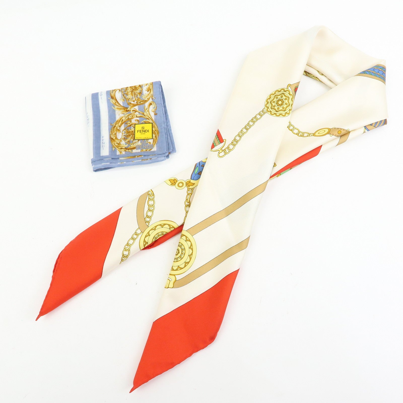 CELINE FENDI Lot of 2 Silk 100% Scarf Chain Motif Red White Blue