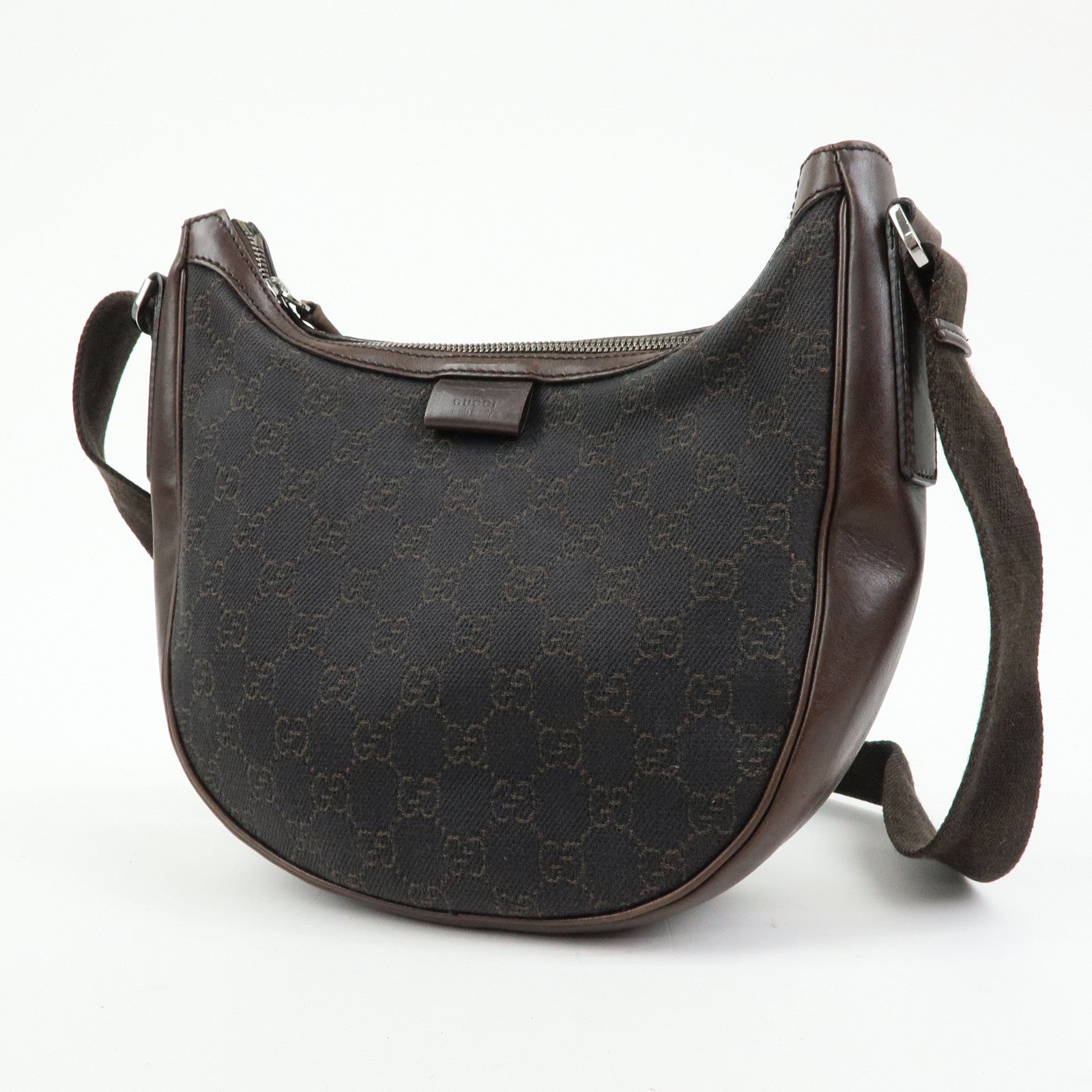 GUCCI GG Denim Leather Half Moon Shoulder Bag Dark Brown 101682