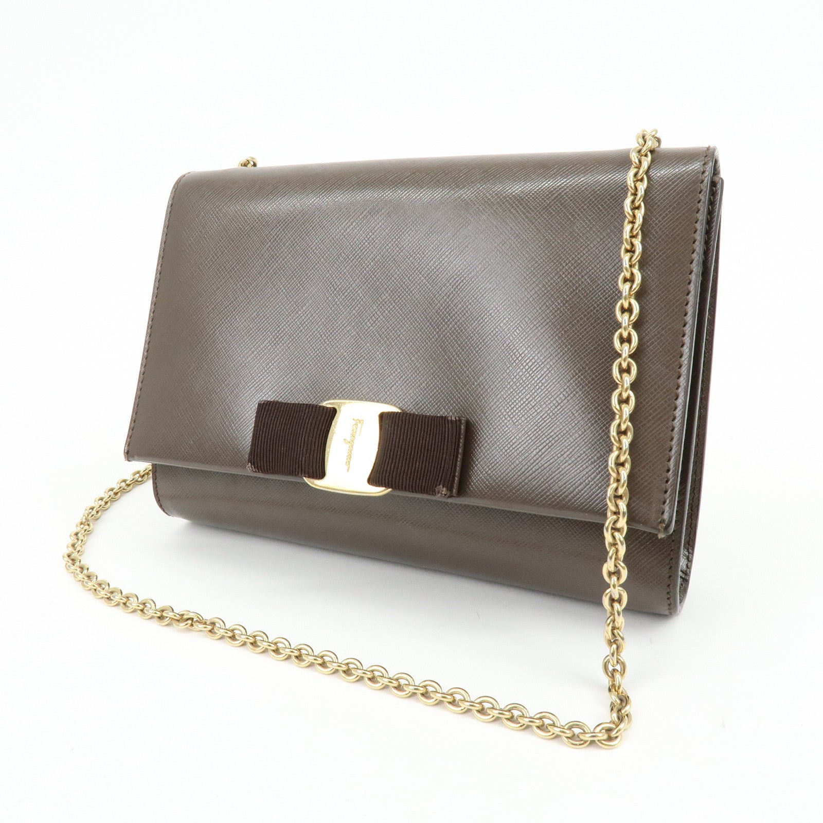 Ferragamo Vara Ribbon Embossed Leather Chain Shoulder Bag Brown