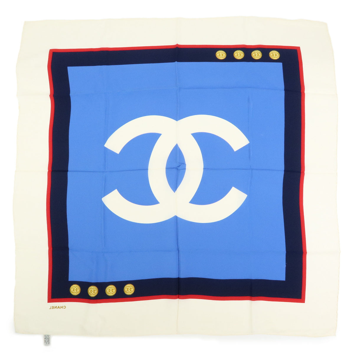 CHANEL COCO Mark Silk 100% Scarf Blue White Navy Red