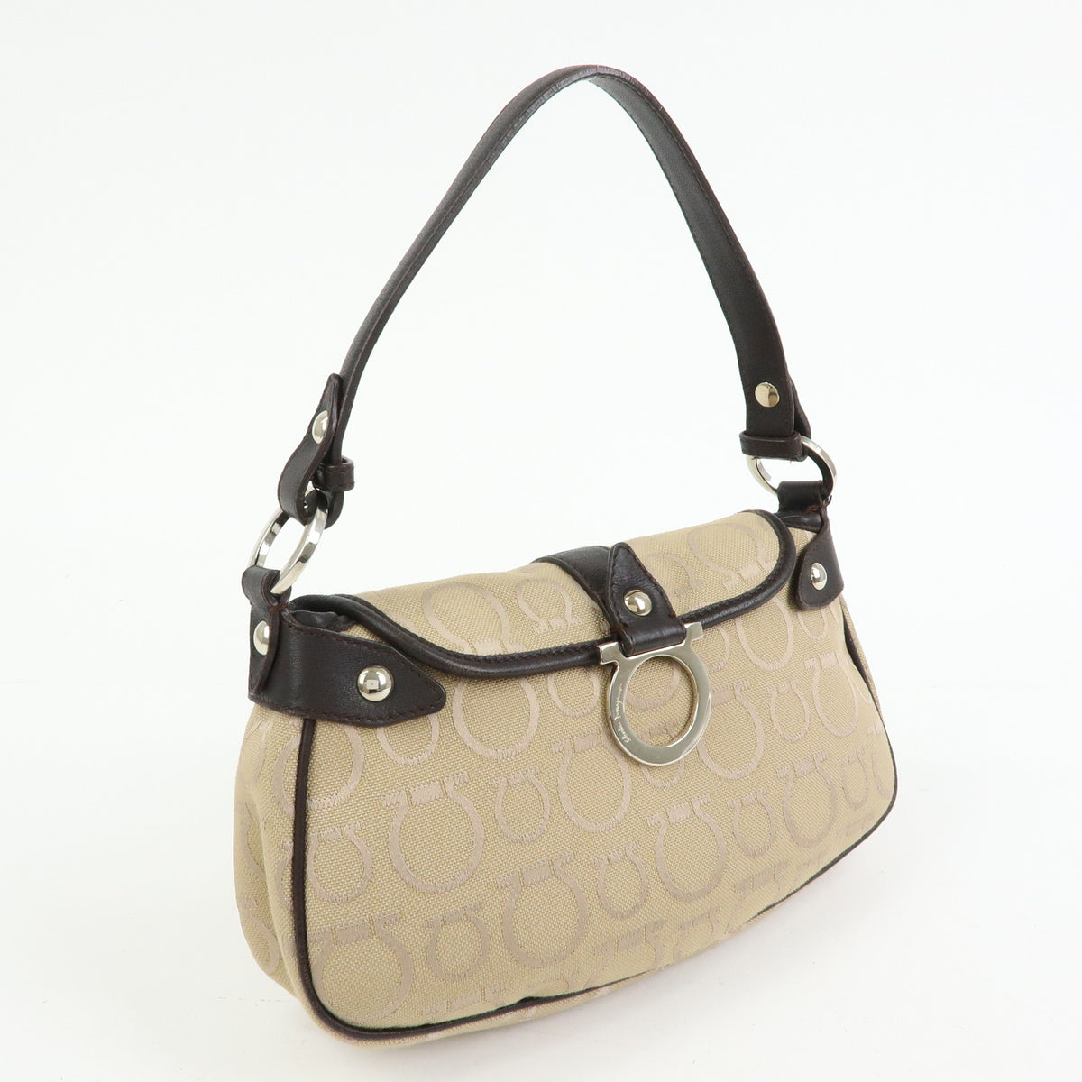 Ferragamo Gancini Jacquard Canvas Leather Hand Bag Beige Brown