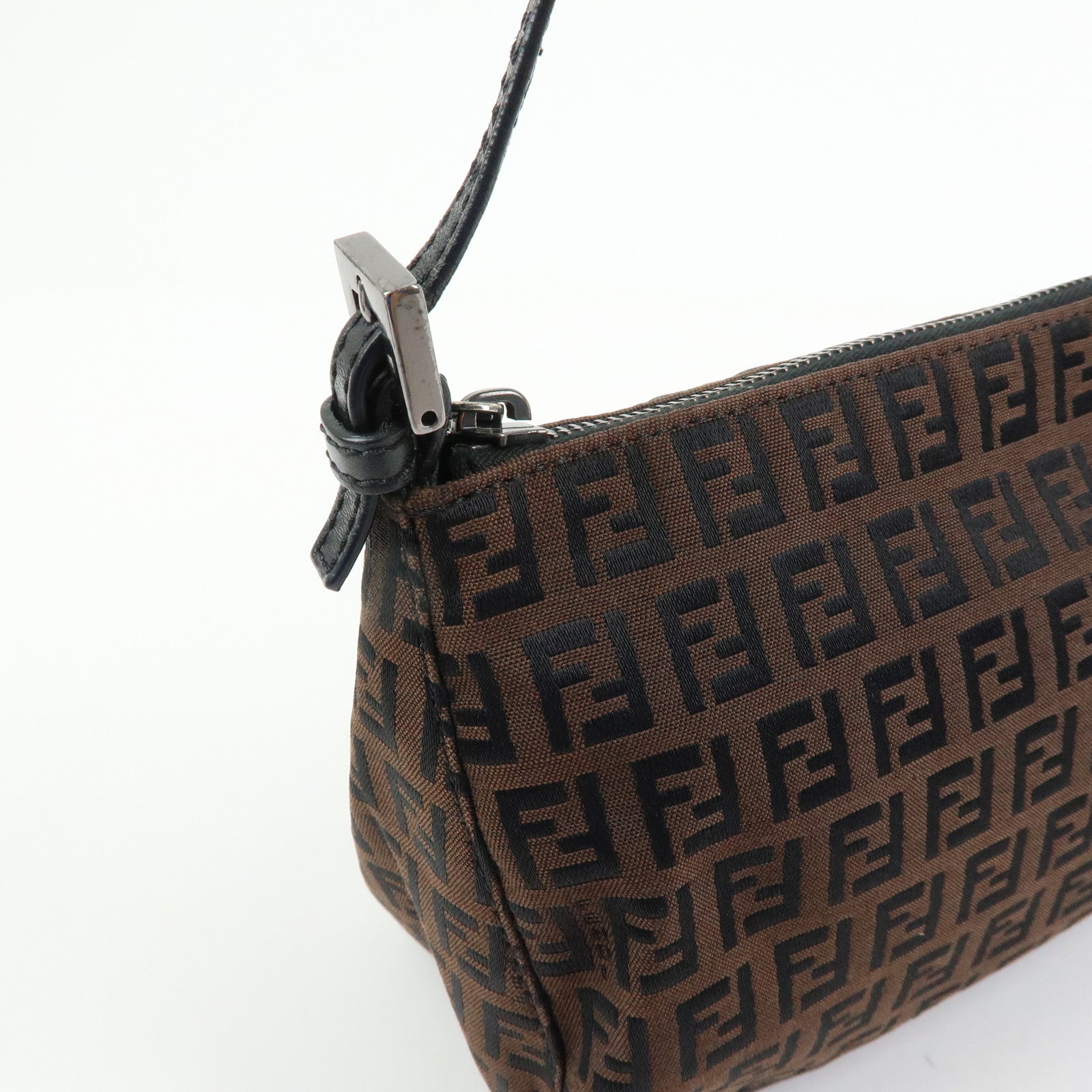 FENDI Zucchino Canvas Leather Shoulder Bag Brown Black 8BR267