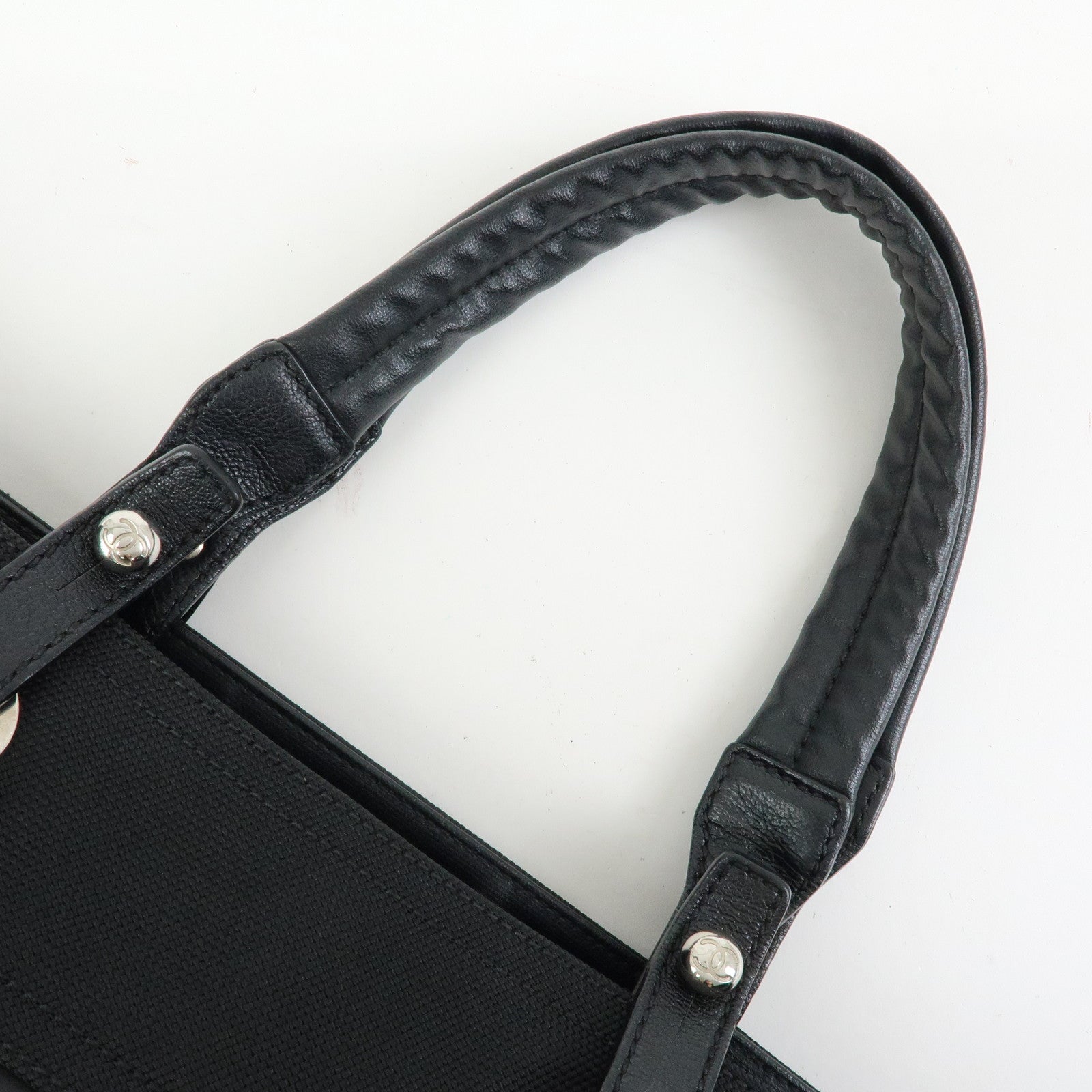CHANEL Paris Biarritz MM Leather Canvas Tote Bag Hand Bag Black A34209