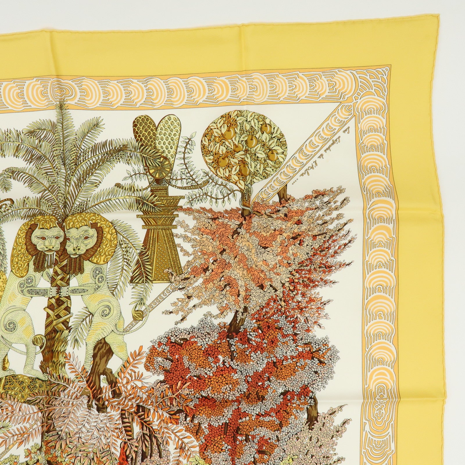 HERMES Carre 90 Silk 100% Scarf LES LEJENDES DE L'ARBRE Yellow Brown
