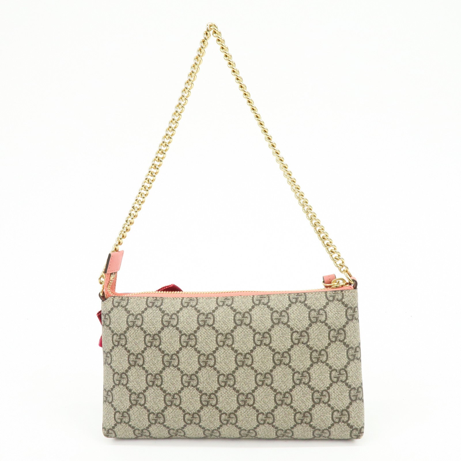 GUCCI Double G GG Supreme Leather Chain Shoulder Bag Ribbon Pink 431396