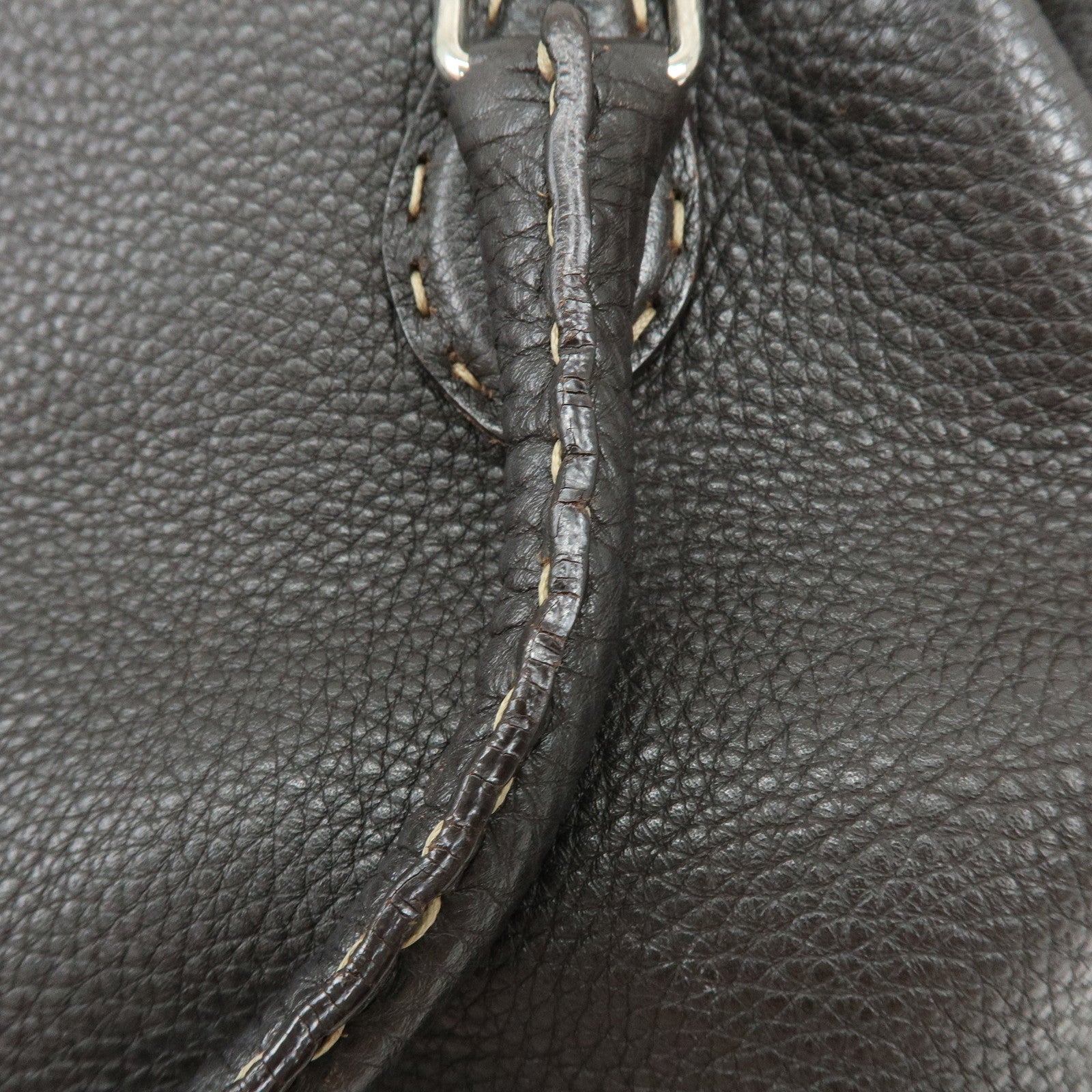 FENDI Selleria Stitches Leather Boston Bag Hand Bag Dark Brown 8BN127