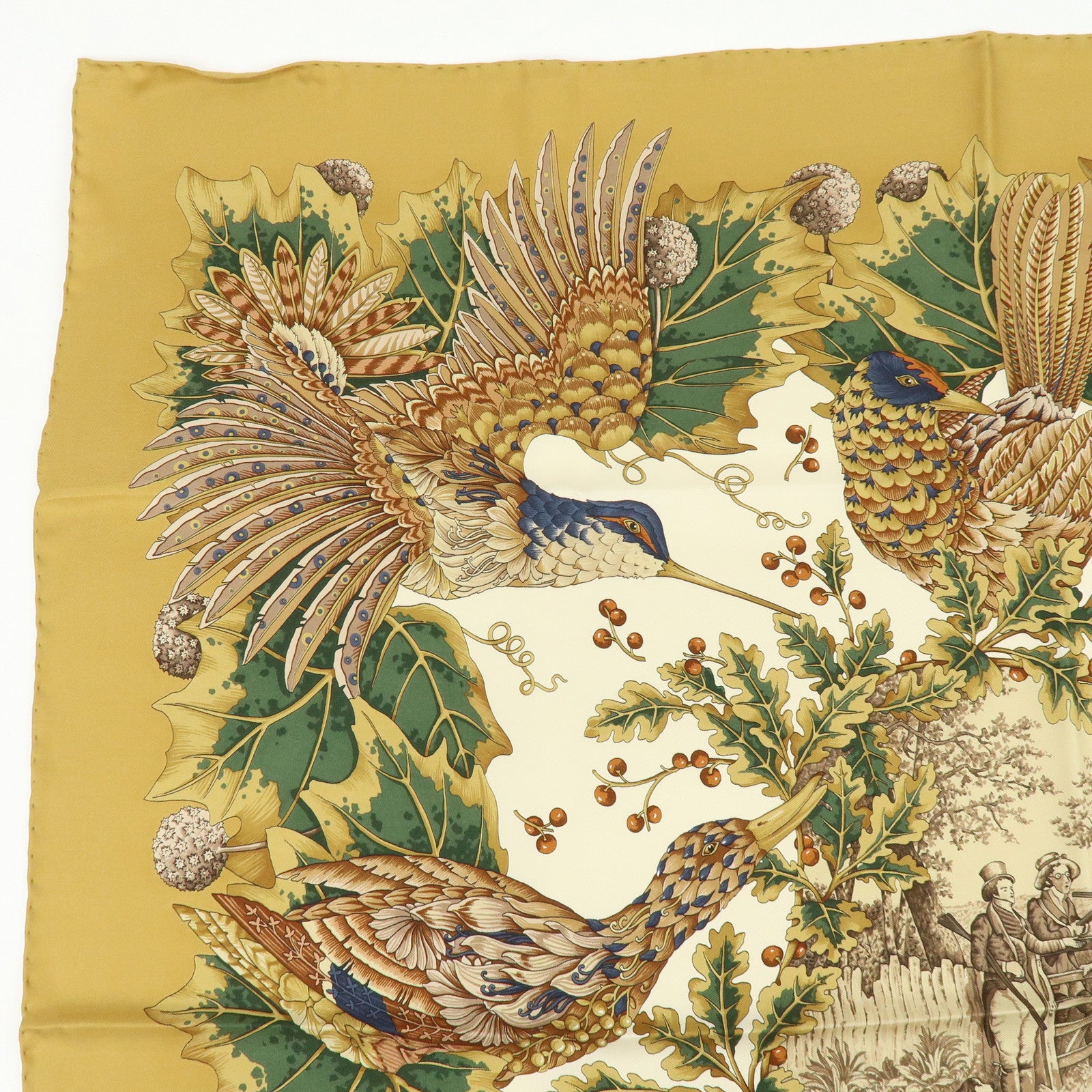 Ferragamo Silk 100% Scarf Bird Print Khaki Brown