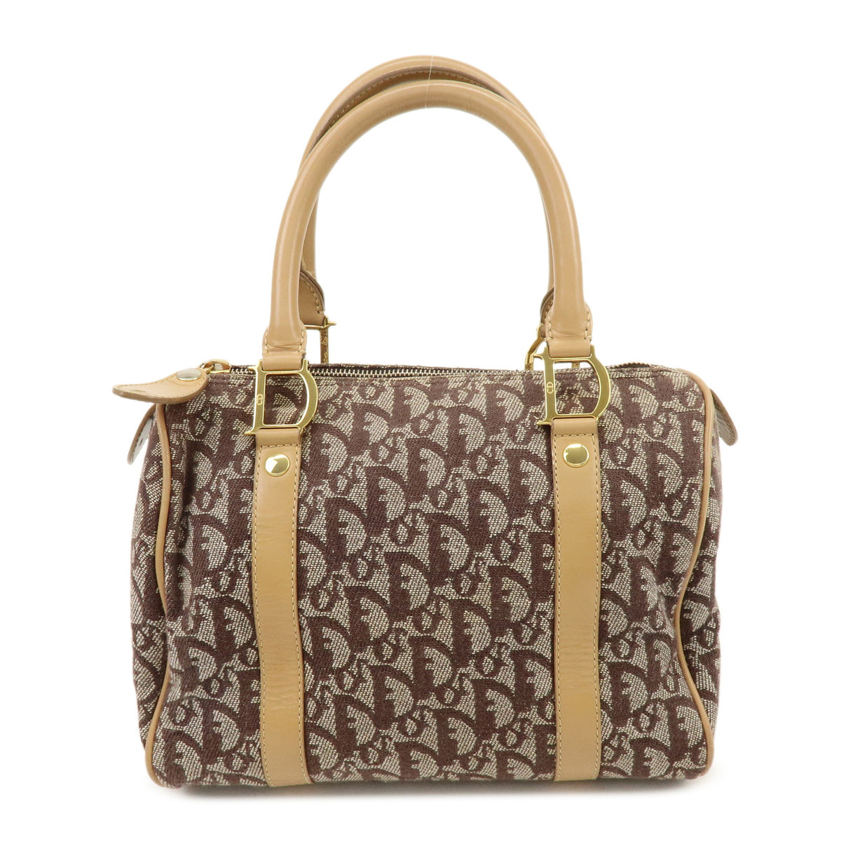 Christian Dior Trotter Jacquard Canvas Leather Boston Bag Brown Beige